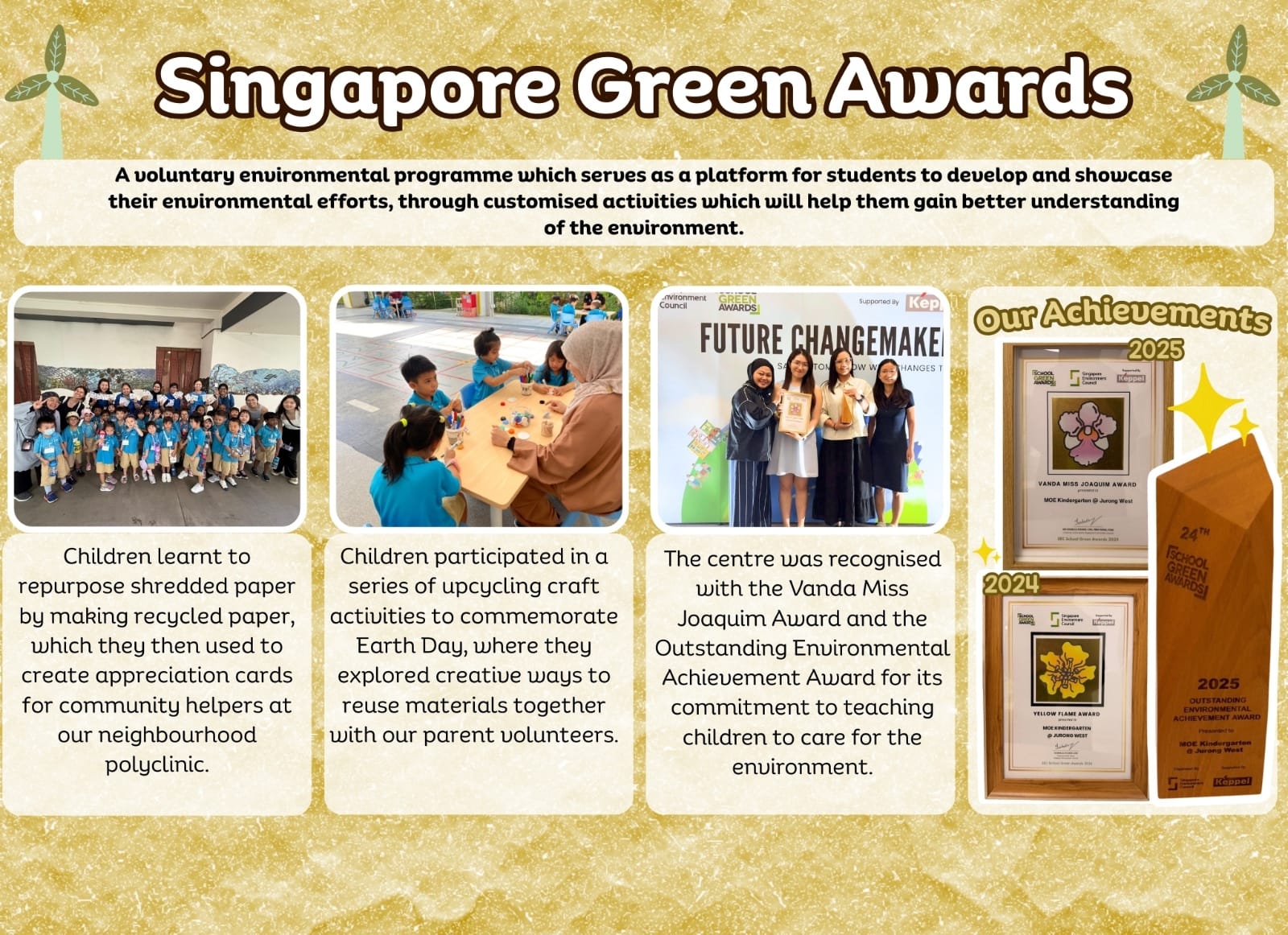 Flyer for Singapore Green Awards showing student eco activities and award plaques for 2024 and 2025 achievements.