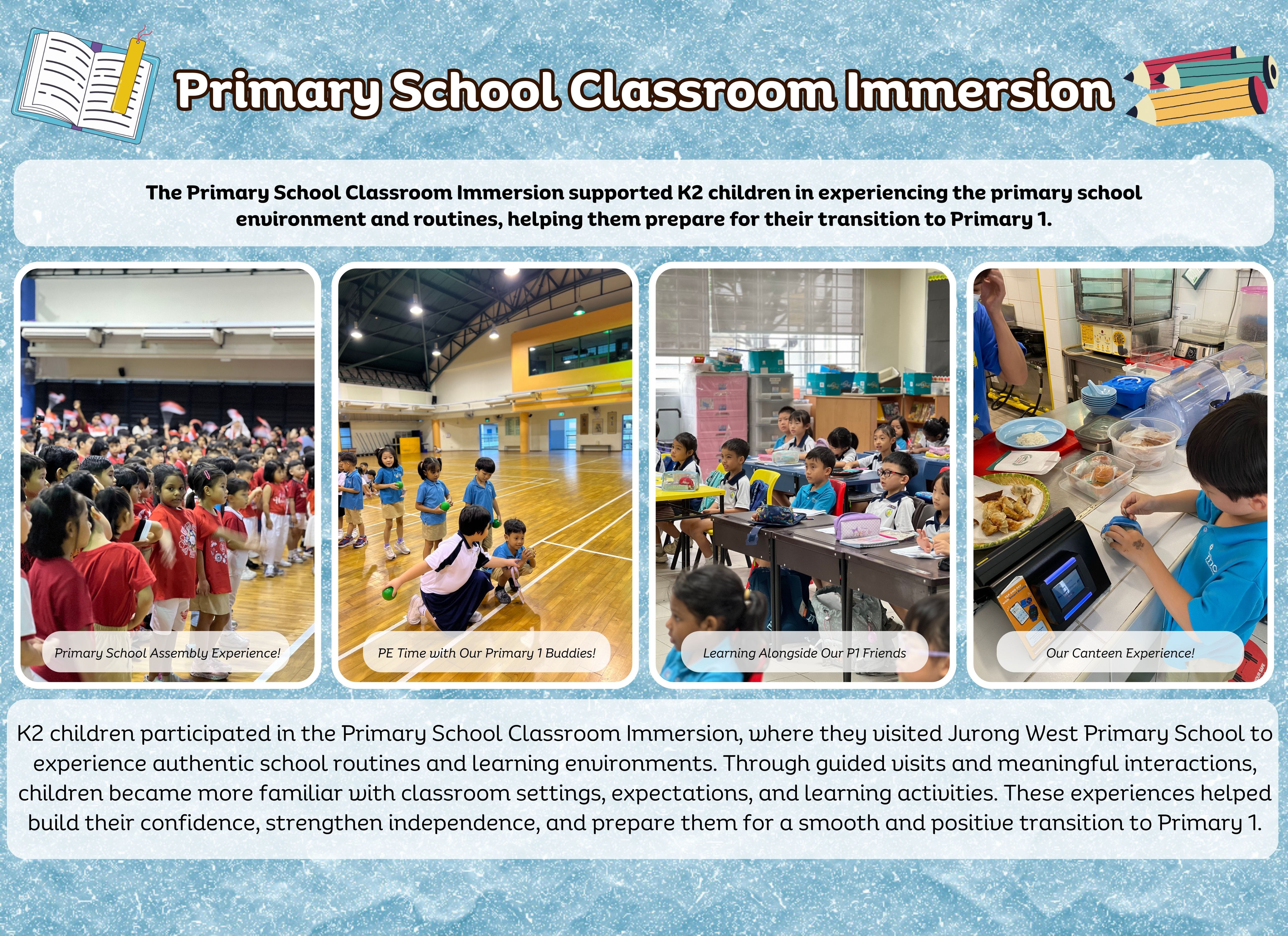 Flyer titled Primary School Classroom Immersion showing four photos of young children at assembly, PE, classroom, and canteen.