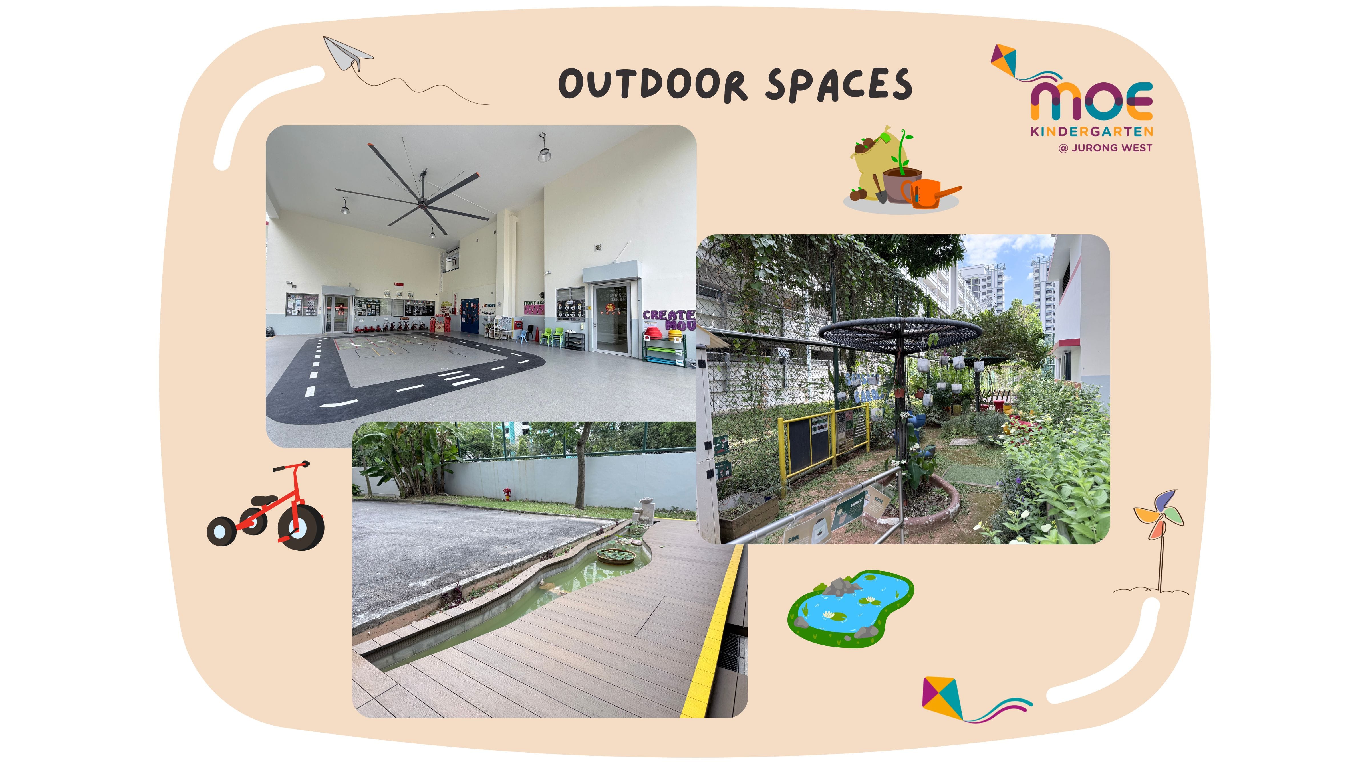 MOE Kindergarten at Jurong West outdoor spaces showing an indoor play area, a pond deck, and a garden.
