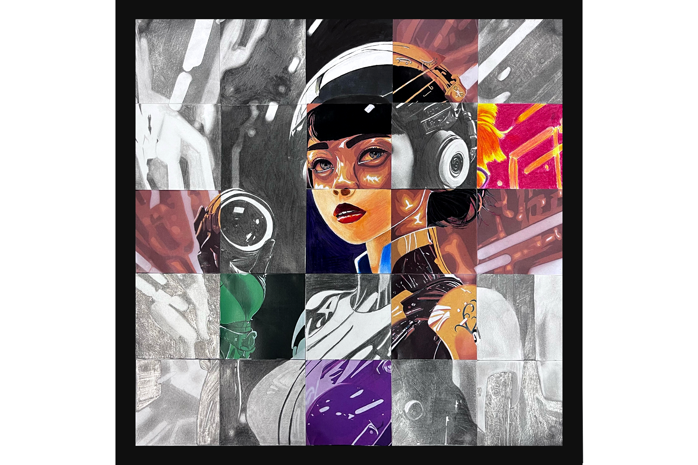 A mixed-media artwork made up of a grid of tiles forming a portrait of a young woman wearing headphones, combining colourful comic-style illustration with black-and-white photography.