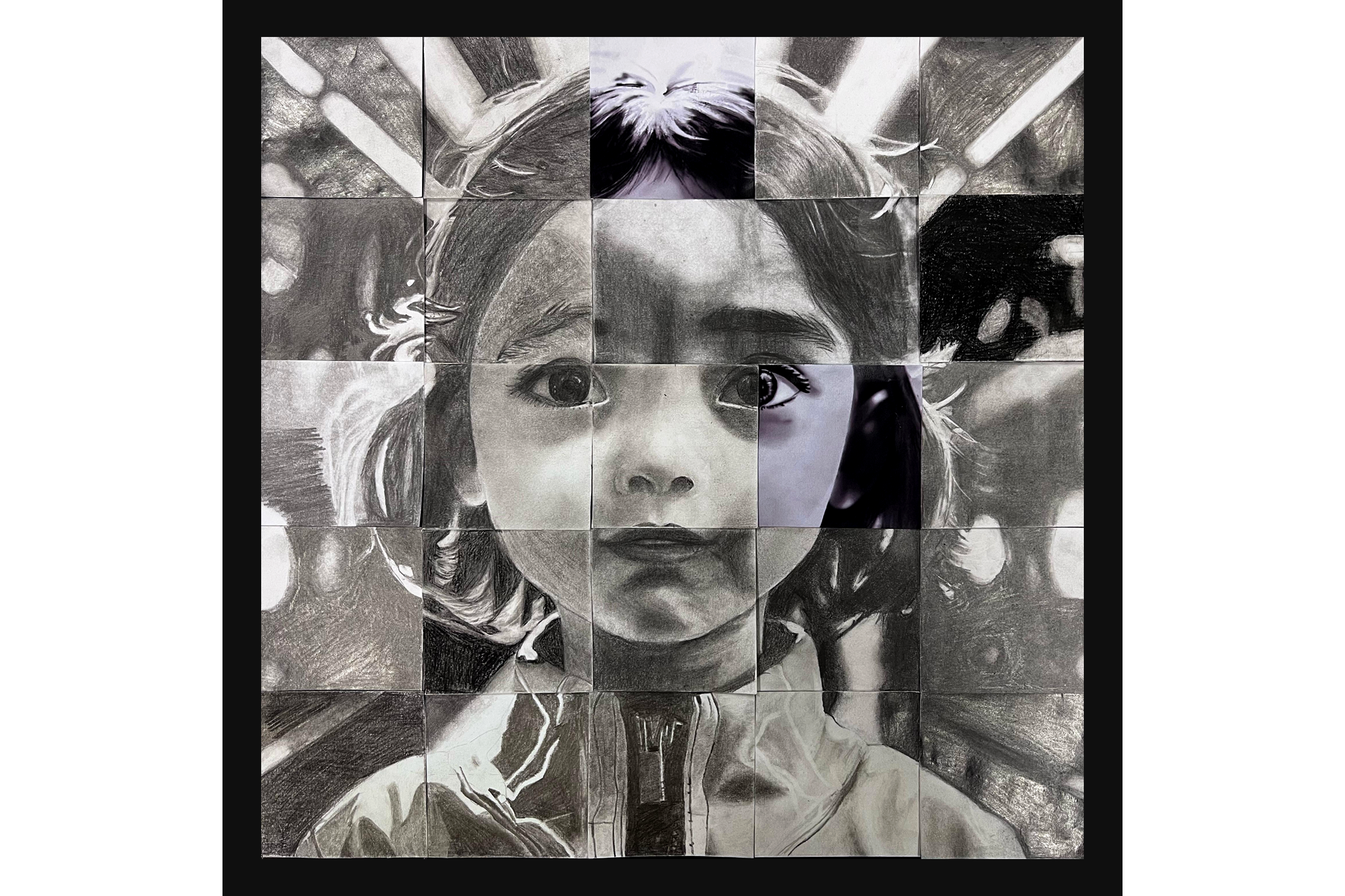 A black-and-white artwork made up of a grid of tiles forming a realistic portrait of a young child looking directly at the viewer, with soft light in the background.