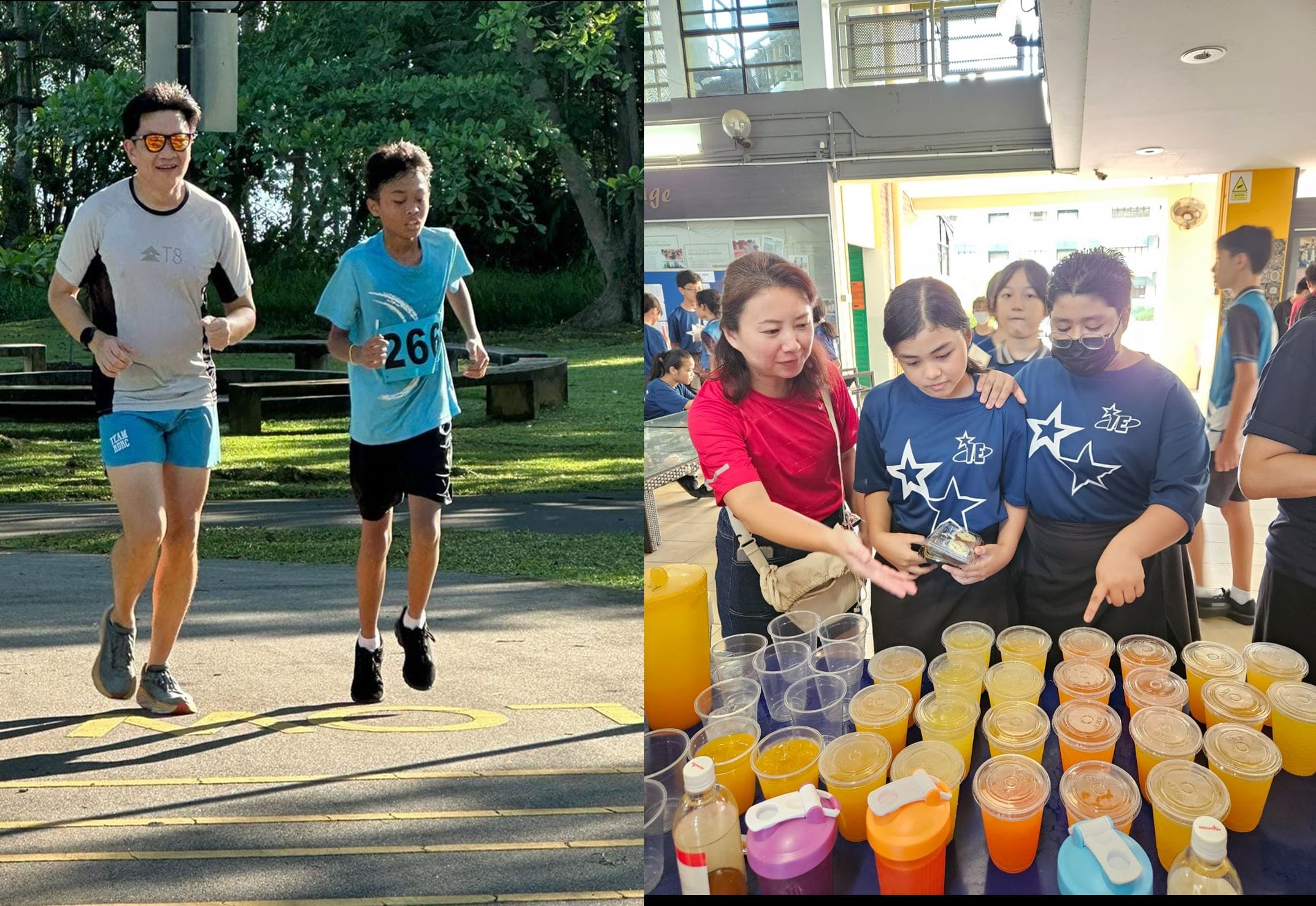 Two runners jogging outdoors; beside it, a woman and two students in blue shirts stand near many cups of juice.