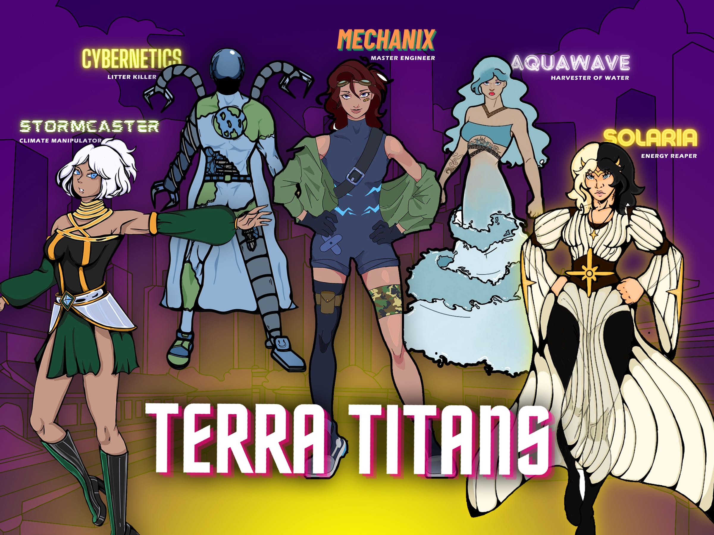 Five animated superheroes labeled Terra Titans stand together, including Stormcaster, Cybernetics, Mechanix, Aquawave, and Solaria.