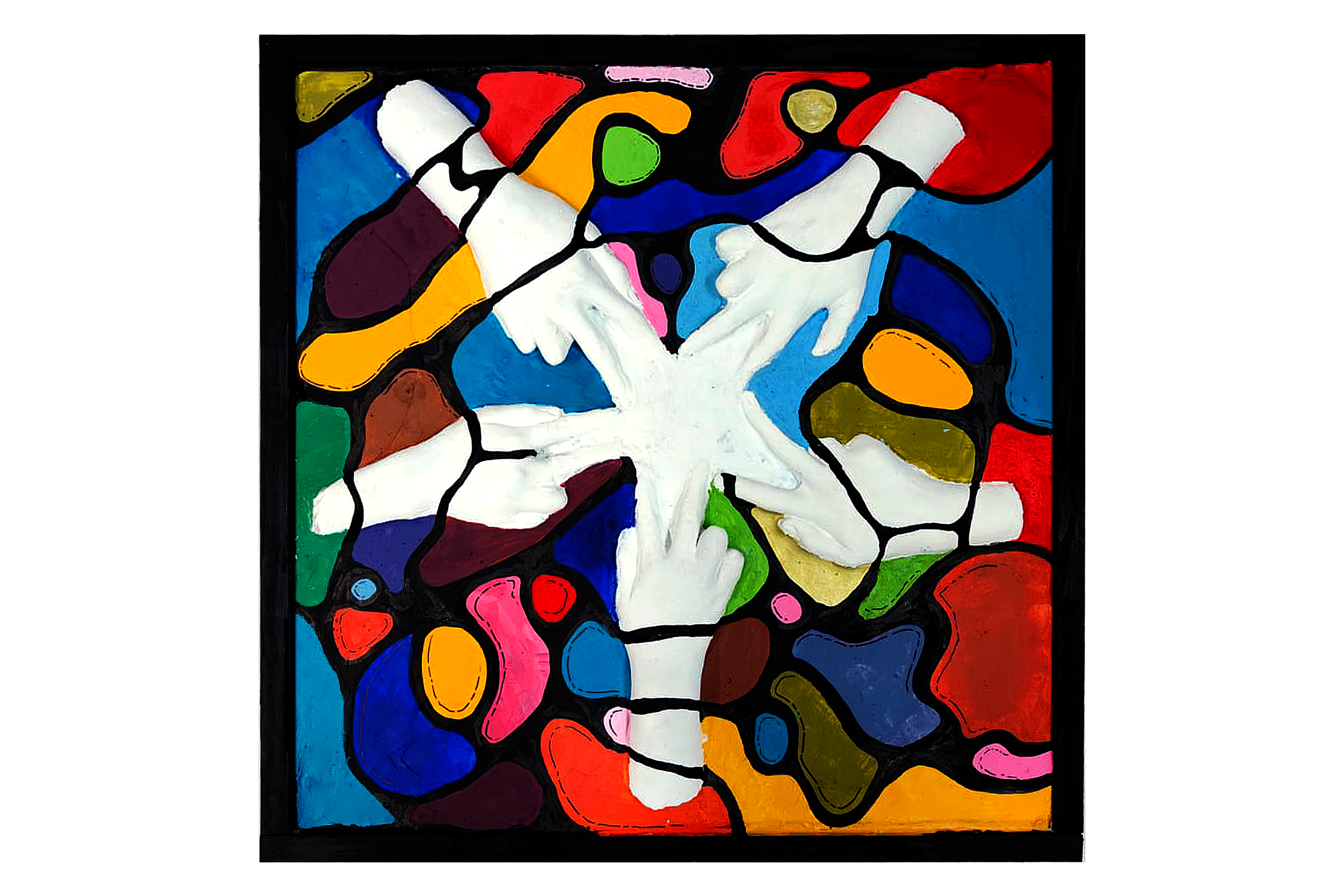 Colorful stained-glass-style artwork showing white hands reaching inward to form a circle, surrounded by vivid abstract shapes.