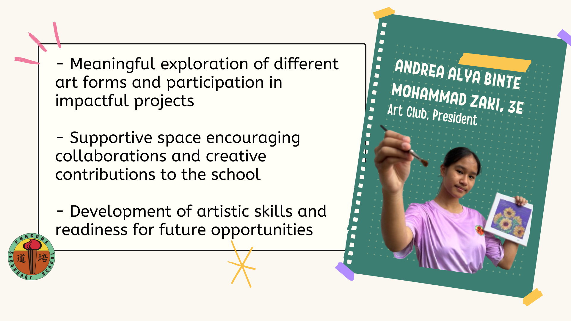 A student named Andrea, Art Club President, holds a paintbrush and artwork beside bullet points about art club benefits.