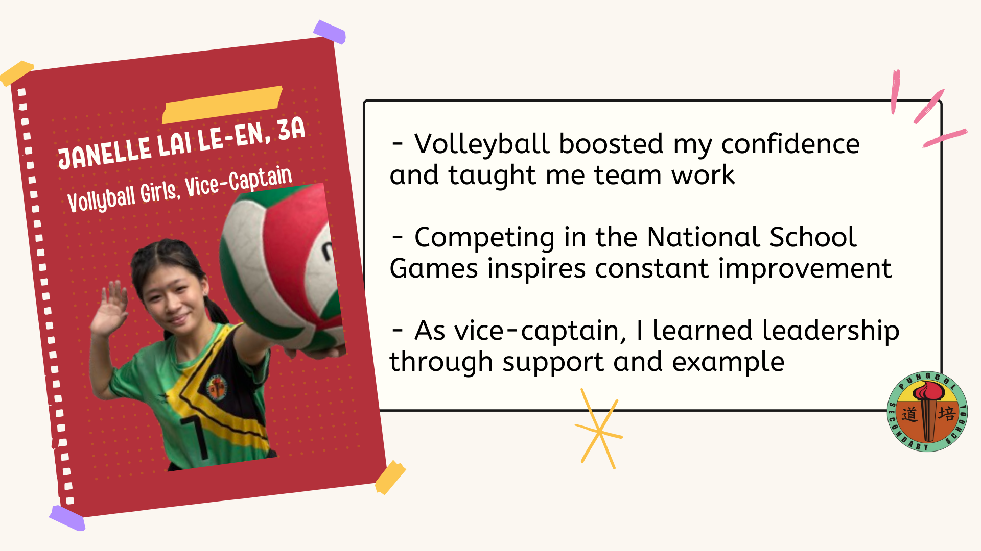 Student profile card for Janelle Lai Le-En, Volleyball Girls Vice-Captain, holding a volleyball and sharing key lessons learned.