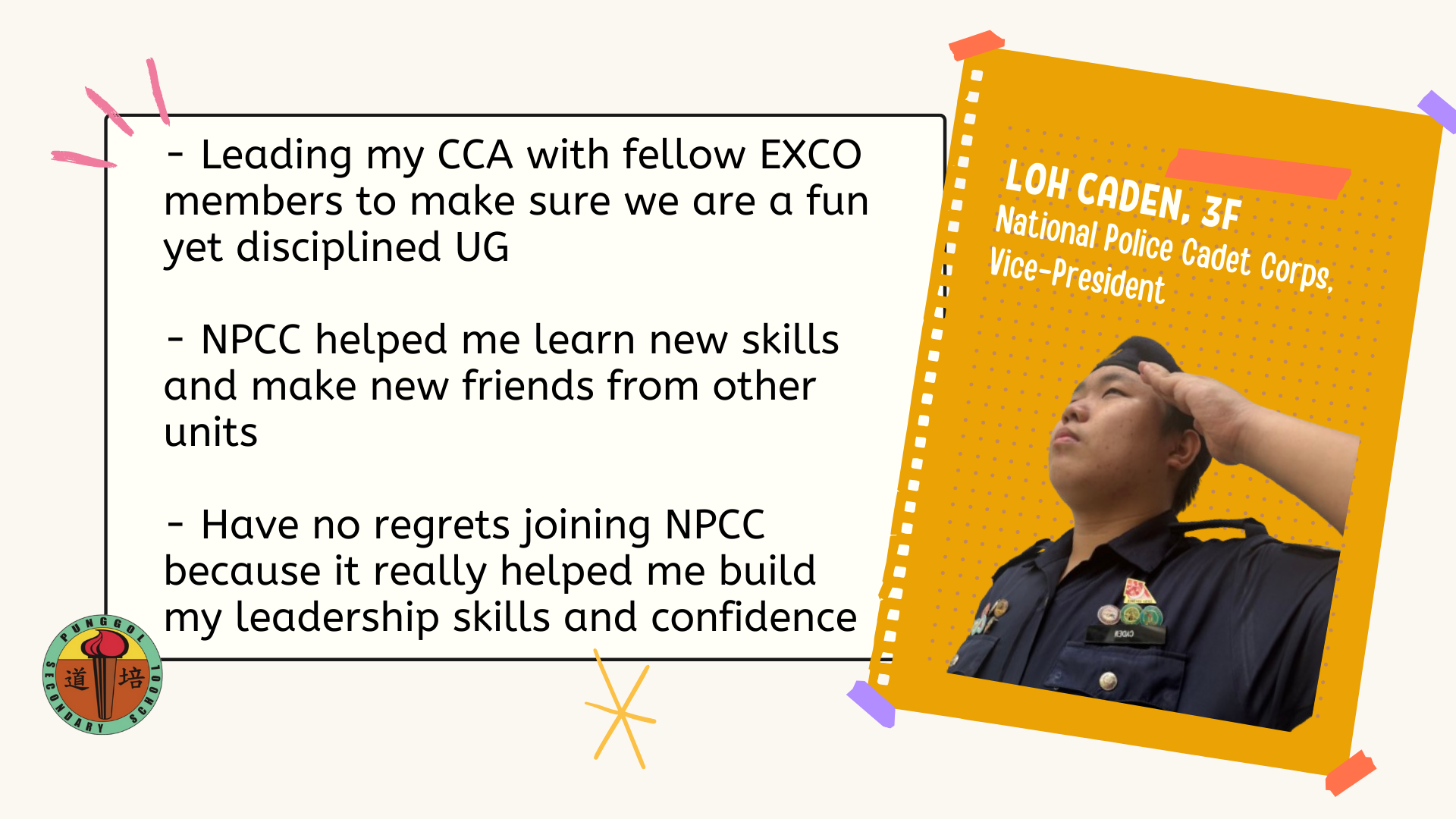 Student Loh Caden in NPCC uniform saluting, beside quotes about leadership and confidence gained from NPCC.