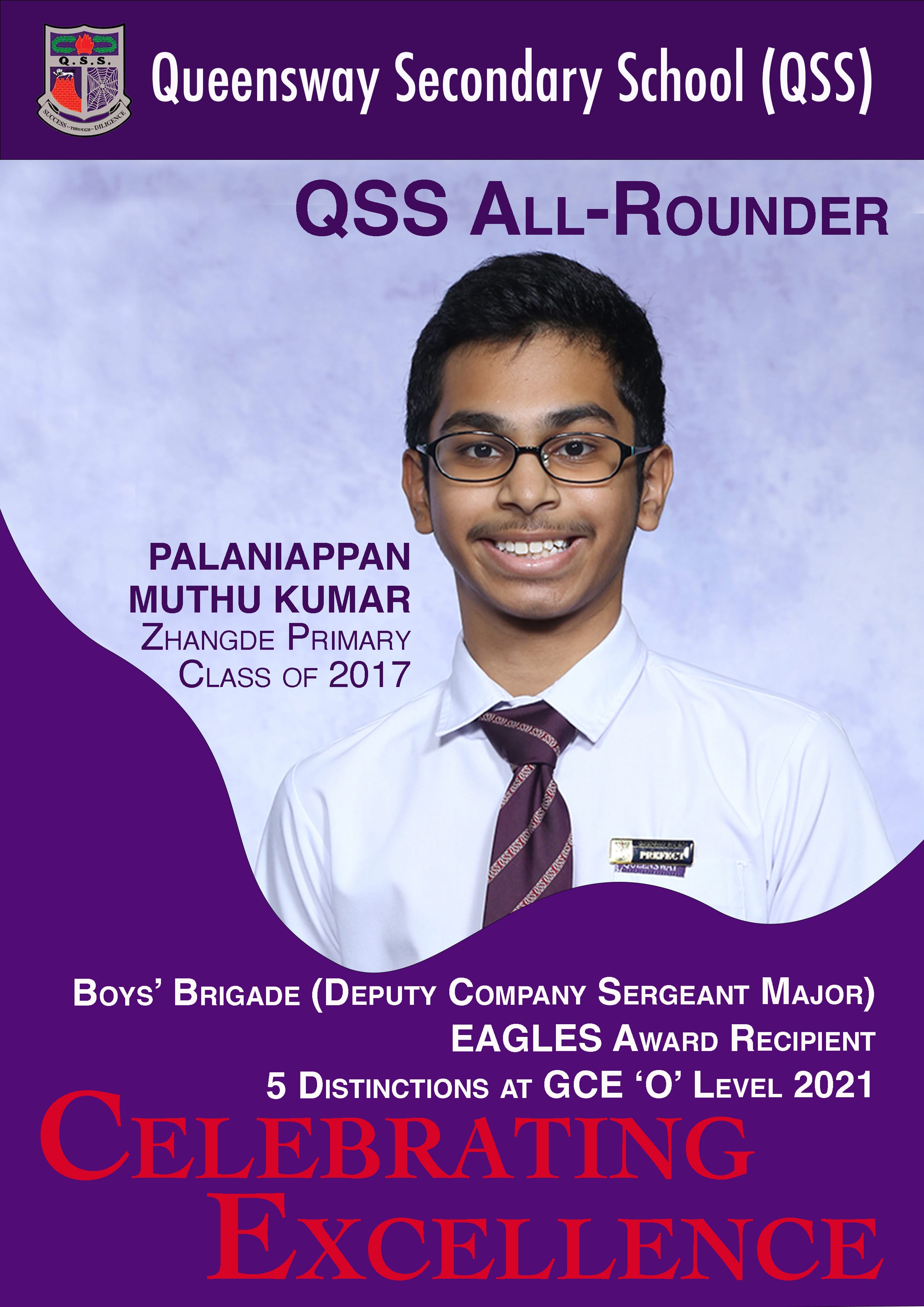 Poster of Palaniappan Muthu Kumar, QSS All-Rounder 2021, Volleyball Captain, Eagles Award Recipient, multiple distinctions at GCE 'O' Level 2021Poster of Aiden Justin Tan, QSS All-Rounder 2021, Boys Brigade (Deputy Company Sergeant Major, Eagles Award Recipient, 5 Distinctions at GCE 'O' Level 2021
