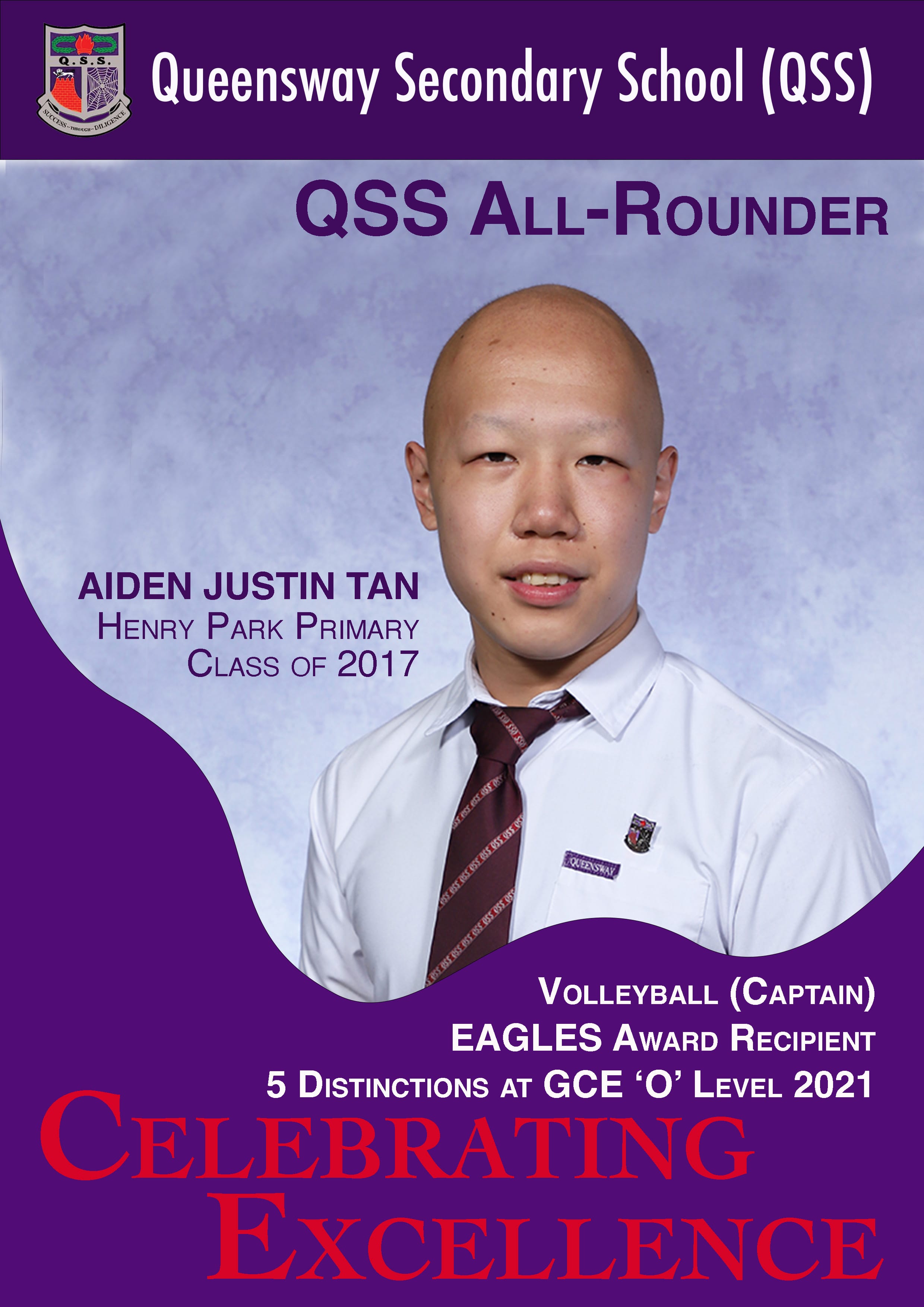 Poster of Aiden Justin Tan, QSS All-Rounder 2021, Volleyball Captain, Eagles Award Recipient, 5 Distinctions at GCE 'O' Level 2021