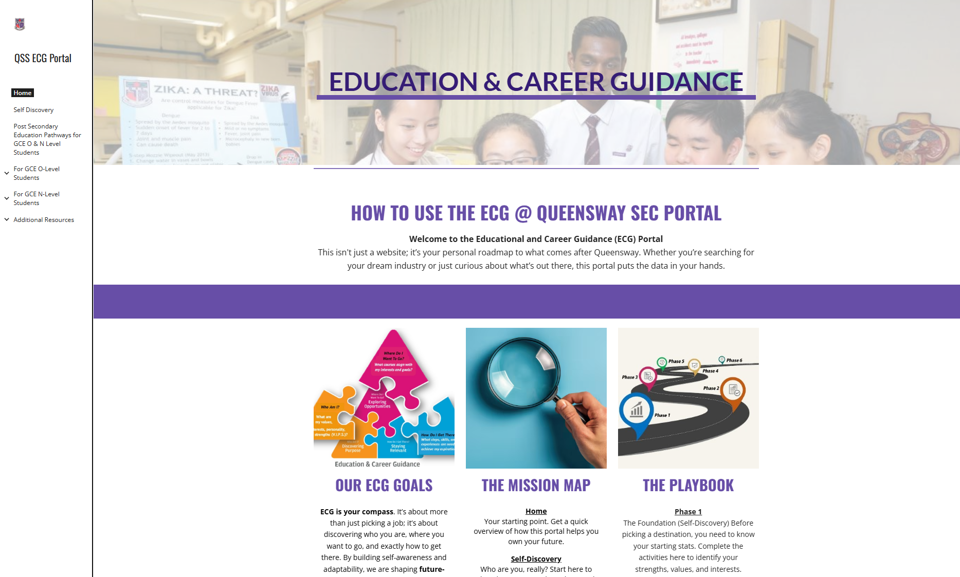 QSS ECG Portal homepage showing Education and Career Guidance sections with goals, mission map, and playbook.
