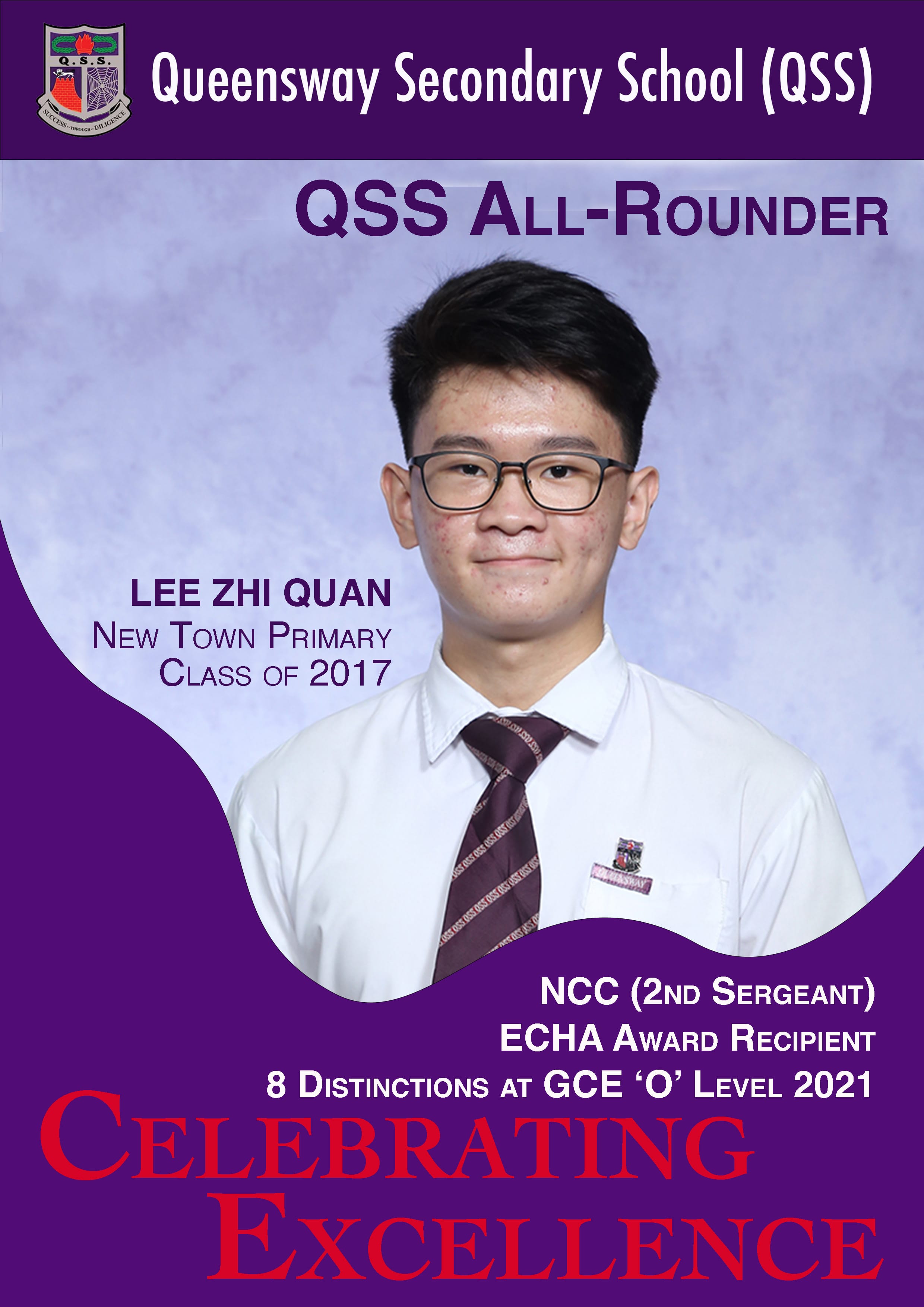 Poster of Lee Zhi Quan, QSS All-Rounder 2021, Volleyball Captain, Eagles Award Recipient, multiple distinctions at GCE 'O' Level 2021Poster of Aiden Justin Tan, QSS All-Rounder 2021, NCC (2nd Sergeant), ECHA Award Recipient, 8 Distinctions at GCE 'O' Level 2021