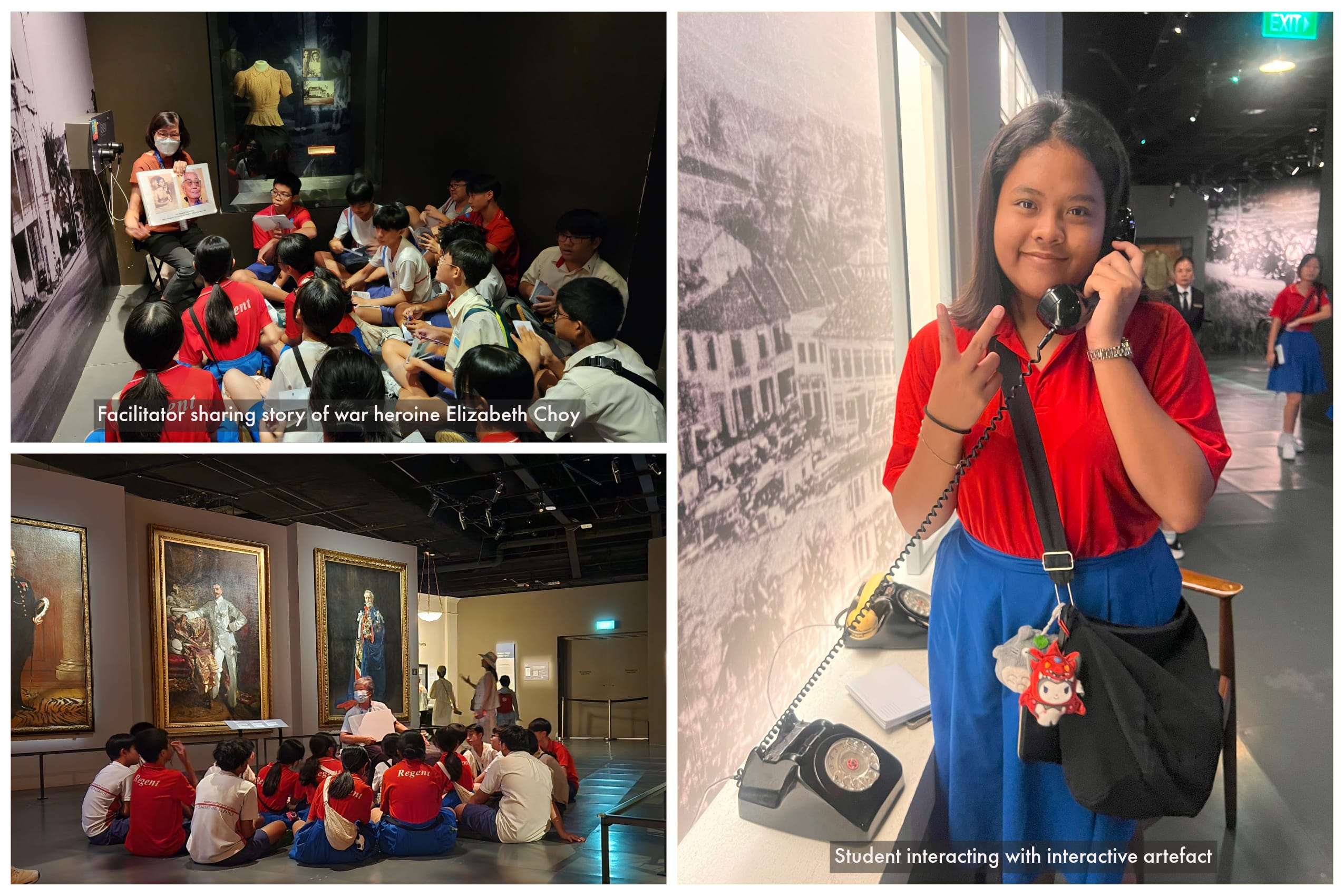 Collage: students seated in museum talks; girl in red shirt and blue skirt holds a phone, flashing peace sign.