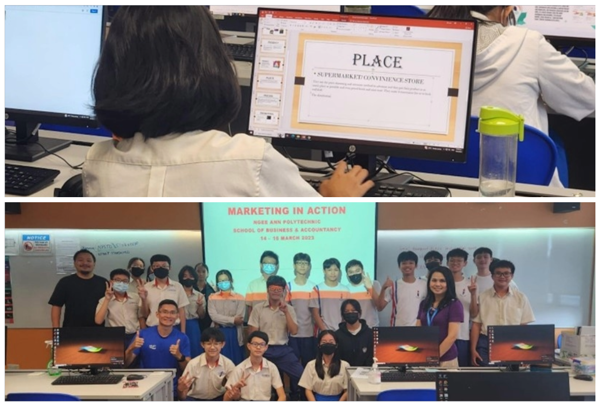 Students work on a PowerPoint about Place and pose as a group under a Marketing in Action screen.
