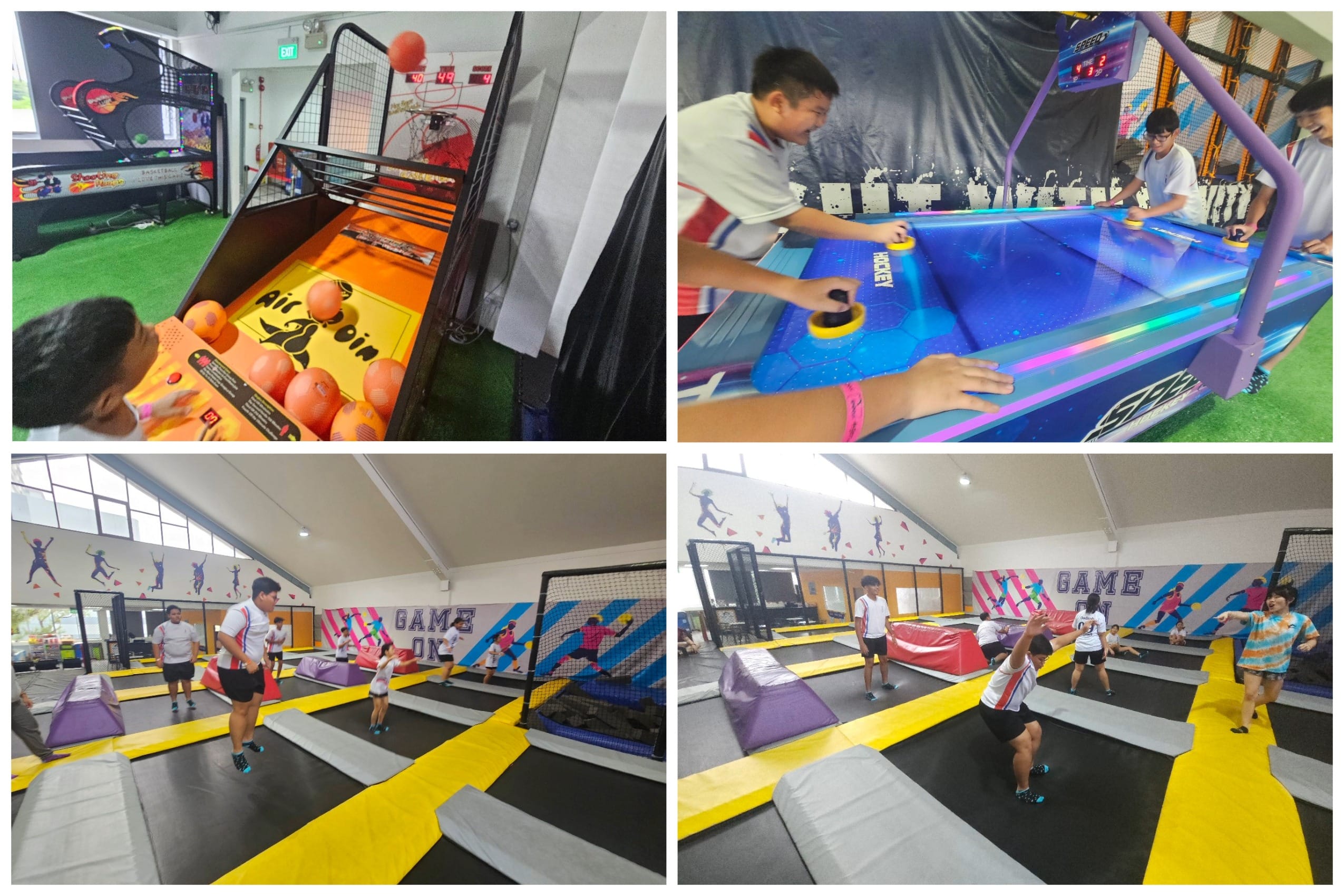 Kids playing arcade basketball and air hockey machines, then jumping on trampolines in a colorful indoor play center.