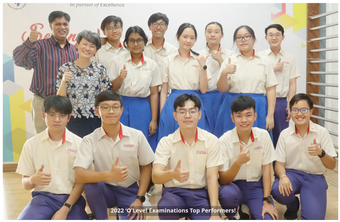 Group of students in school uniforms giving thumbs up with two teachers, caption reads 2022 O'Level Examinations Top Performers.