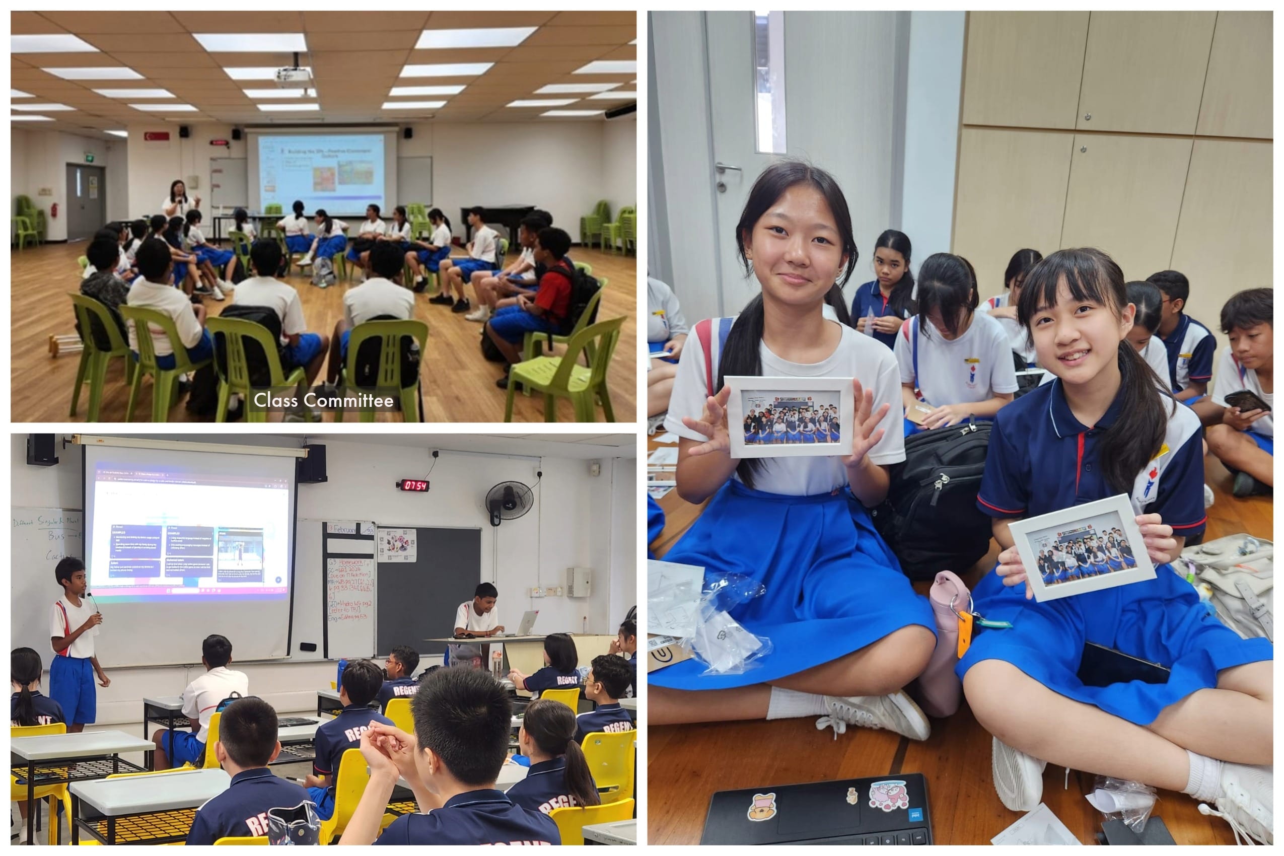 Three school scenes: students in a circle meeting, a classroom lesson, and two girls holding framed class photos.