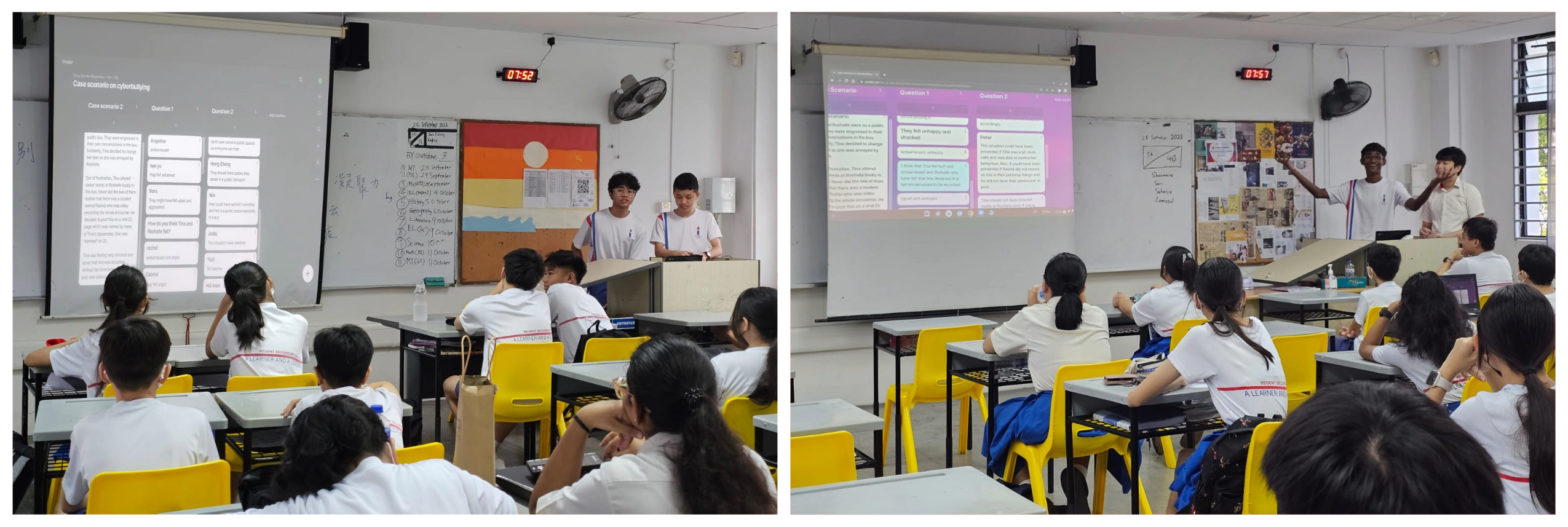 Two classroom scenes showing students presenting at the front while seated classmates watch projection screens.