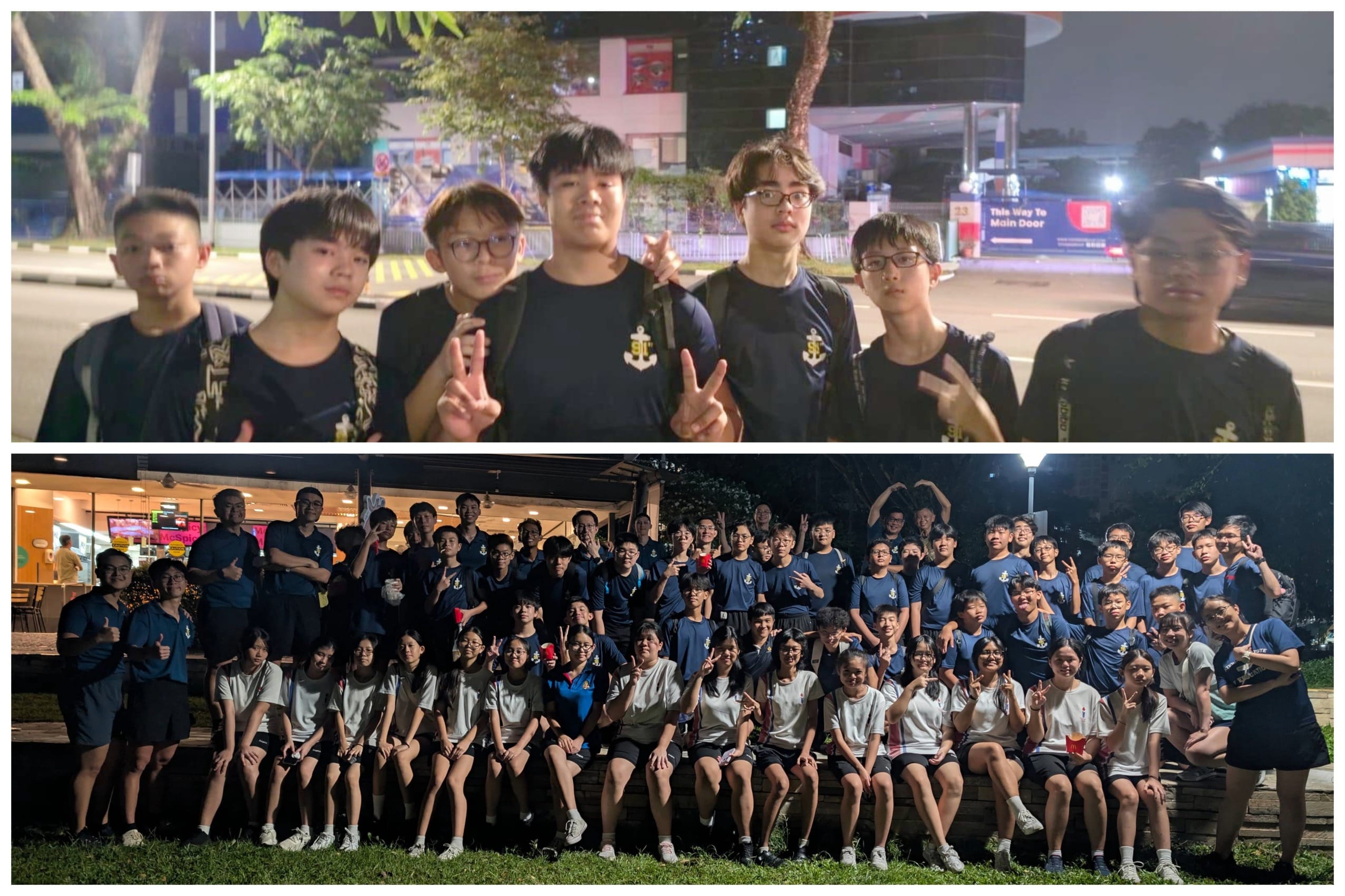 Two nighttime photos of students in matching navy uniforms posing with peace signs outdoors.