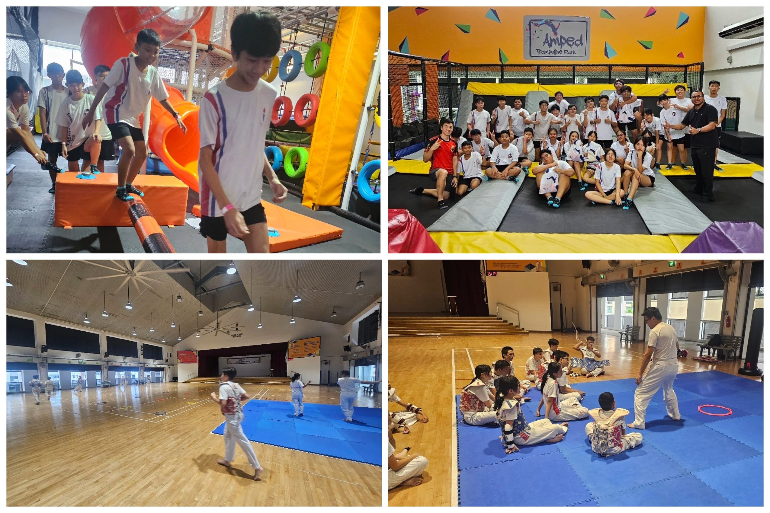Four scenes of youth activities: obstacle course, group photo at trampoline park, and taekwondo training in a hall.