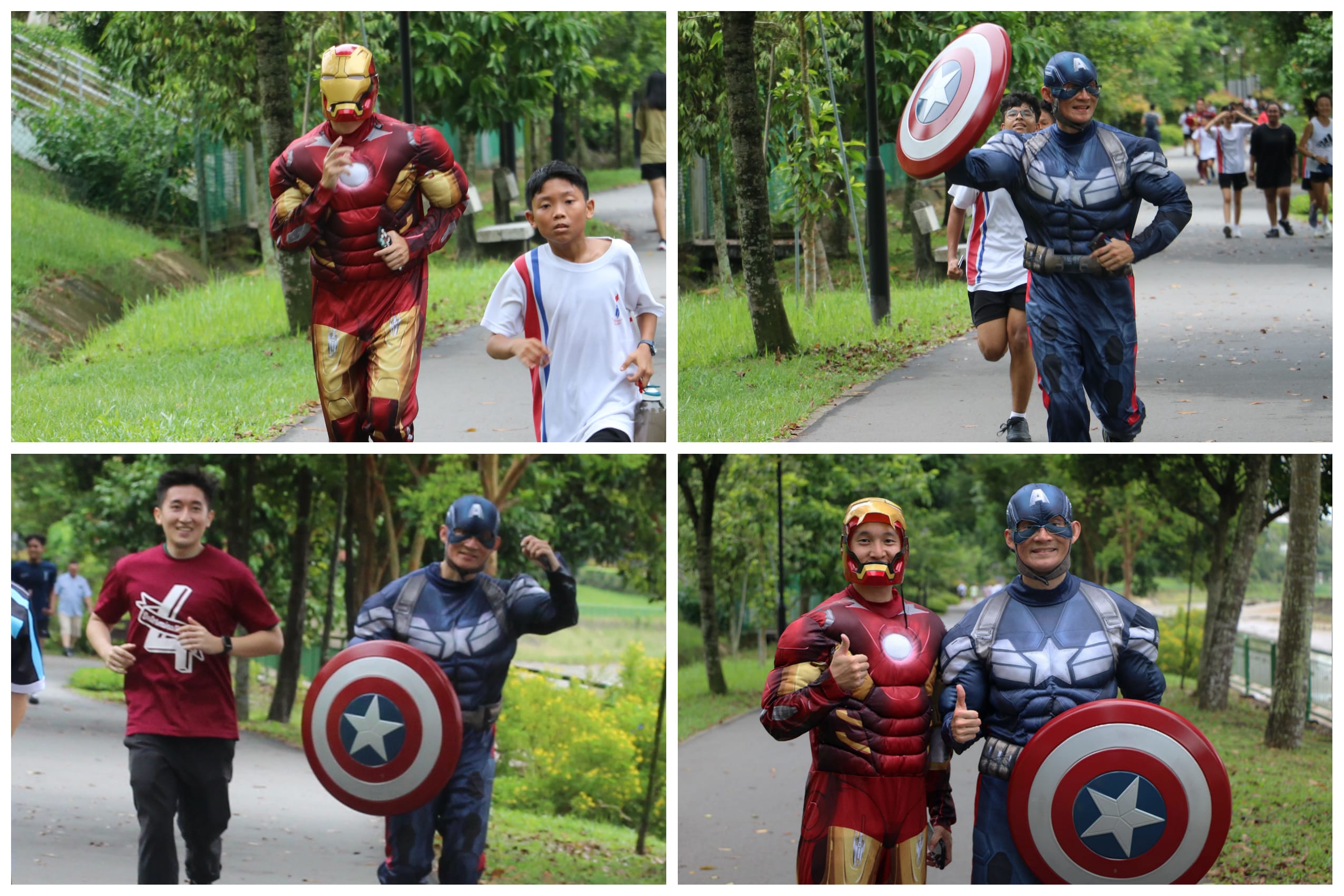 Collage of runners in a park, including people dressed as Iron Man and Captain America with a shield.