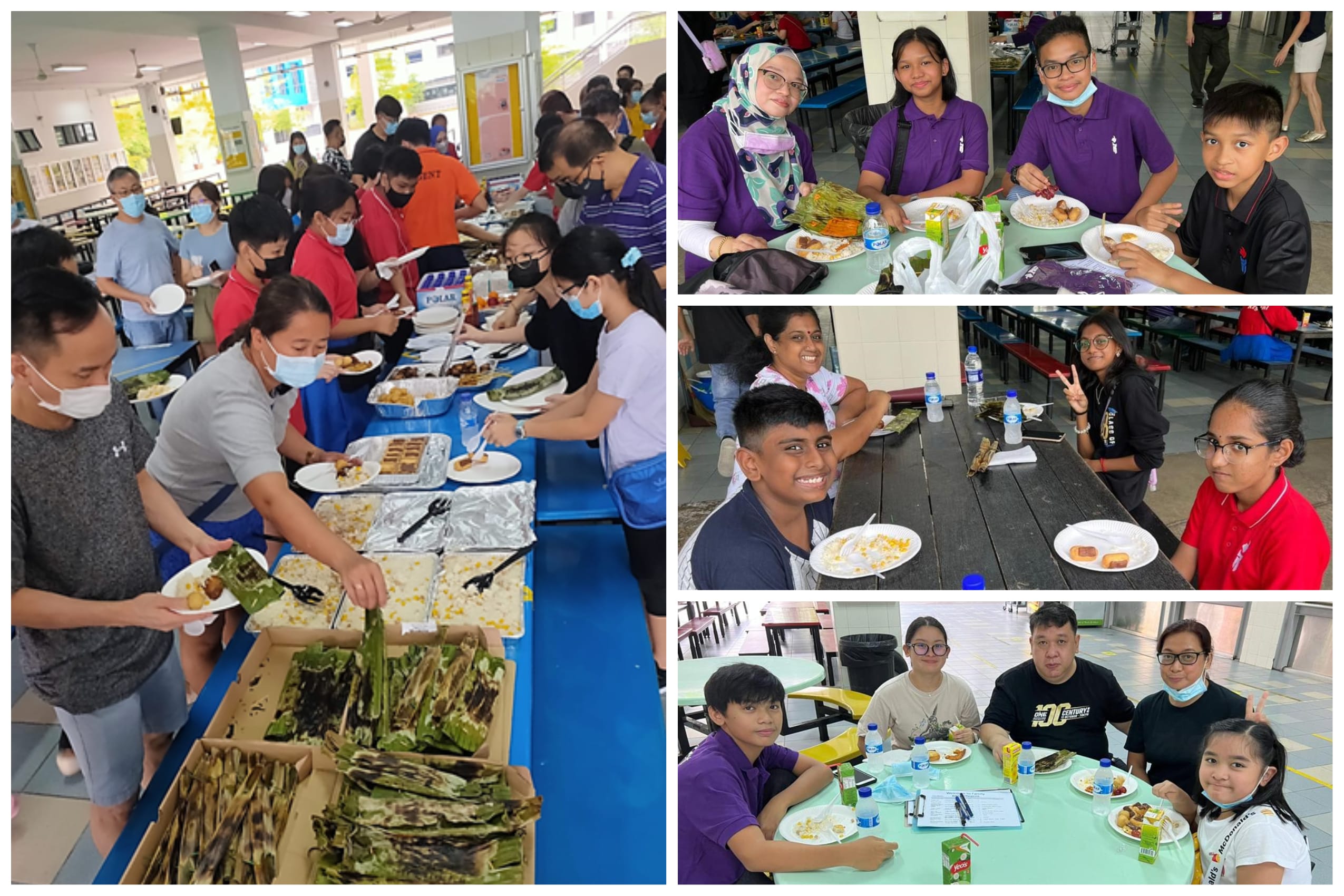 Groups of students and adults in a school canteen serving and eating food from shared buffet trays.