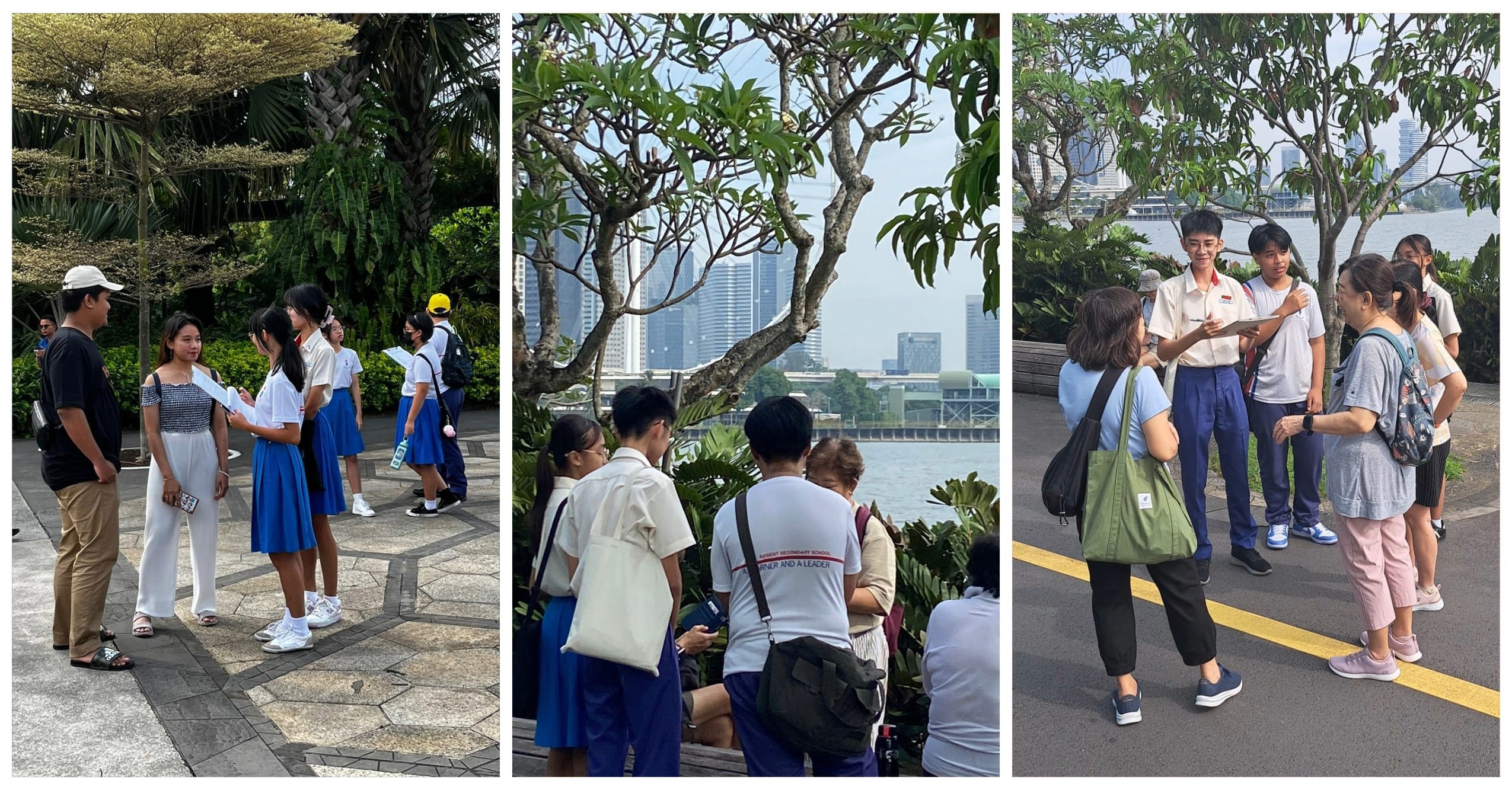 Three outdoor scenes showing students in school uniforms interacting with adults near a waterfront with city skyline visible.