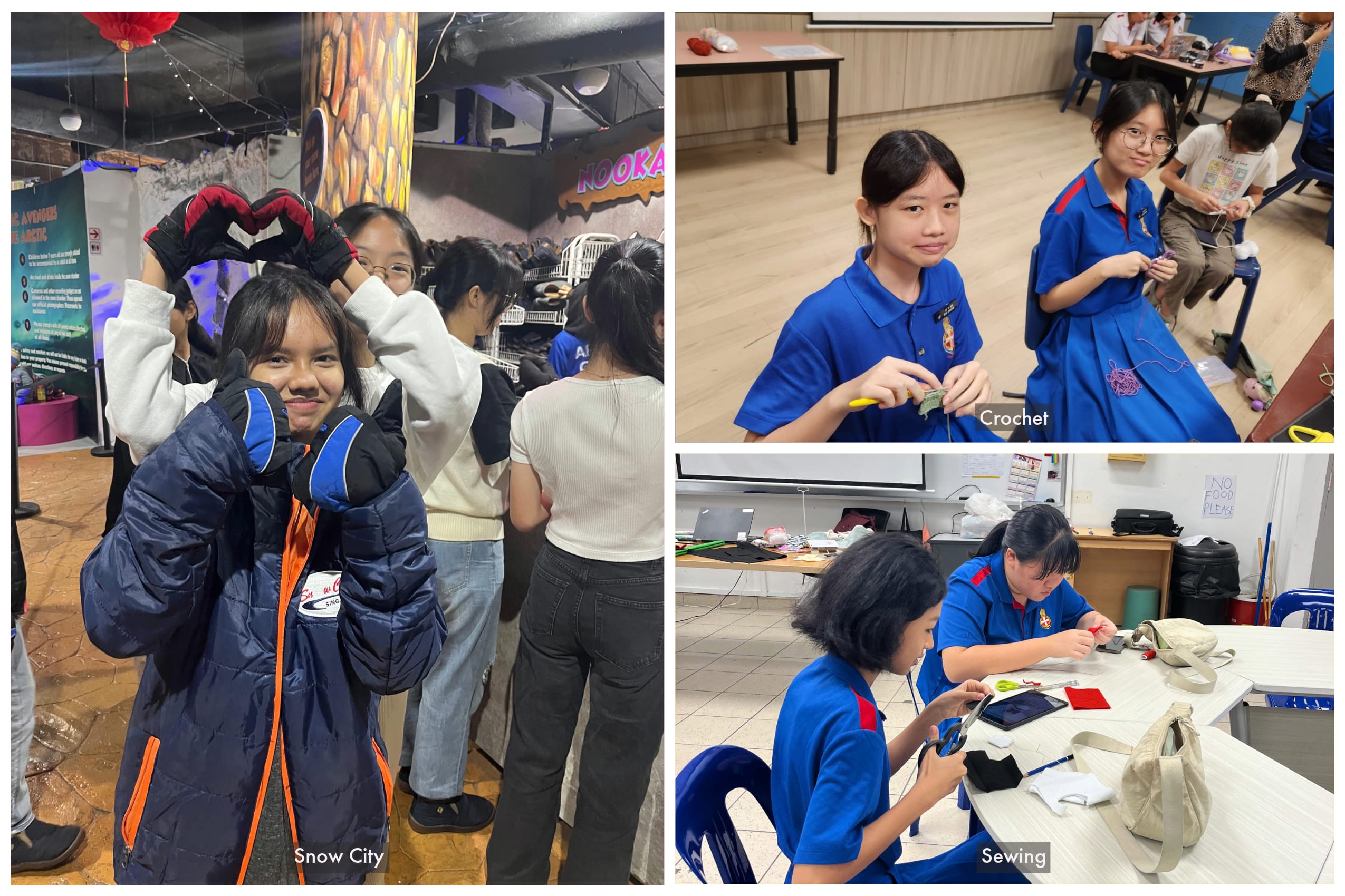 Three photos of students in blue uniforms at Snow City, doing crochet, and sewing at a classroom table.