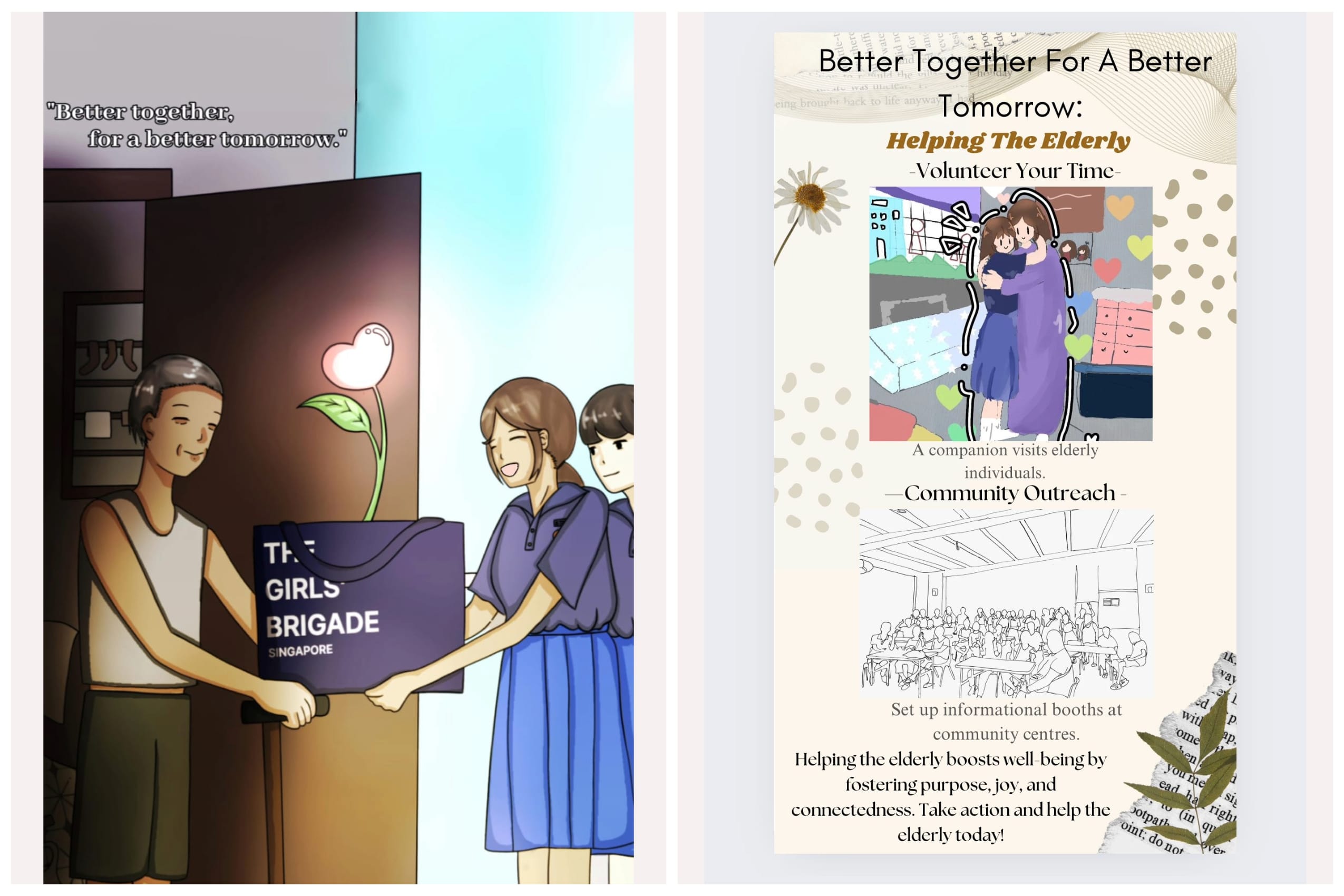 Two panels promoting helping the elderly: a cartoon of Girls Brigade members giving a bag, and a flyer about volunteering.