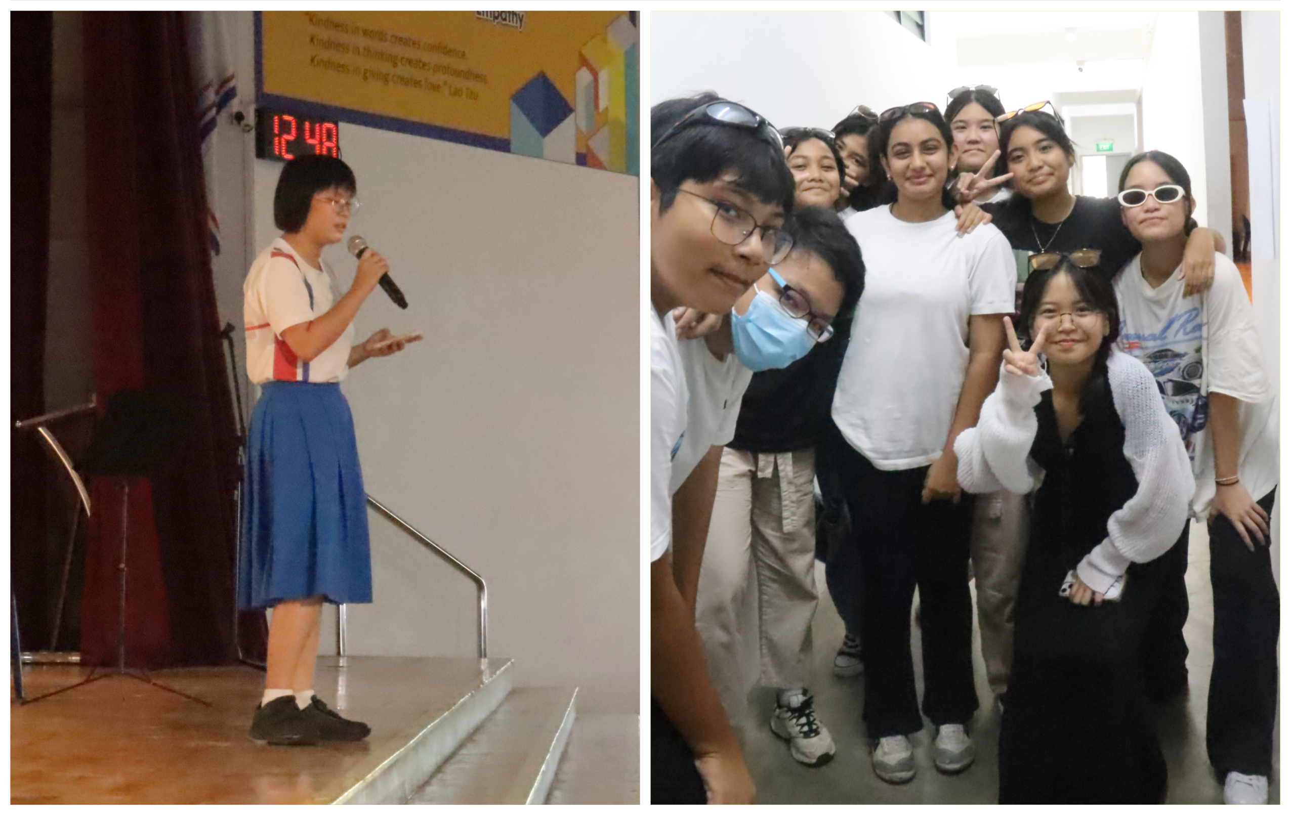 Split photo: student in uniform speaks on stage with mic; group selfie of teens in hallway, some flashing peace signs.