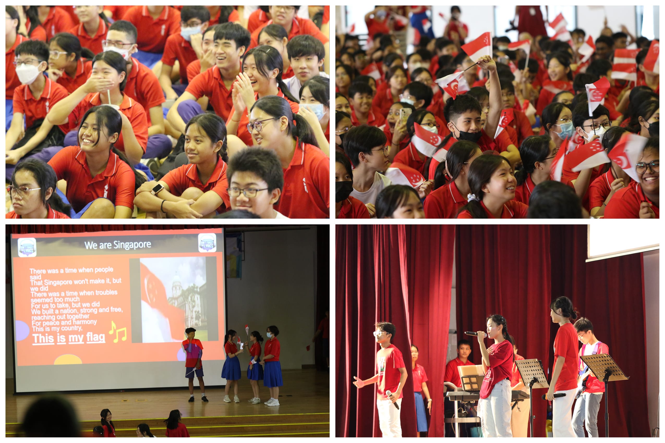 Students in red shirts at a school assembly, waving Singapore flags and performing on stage by a screen.