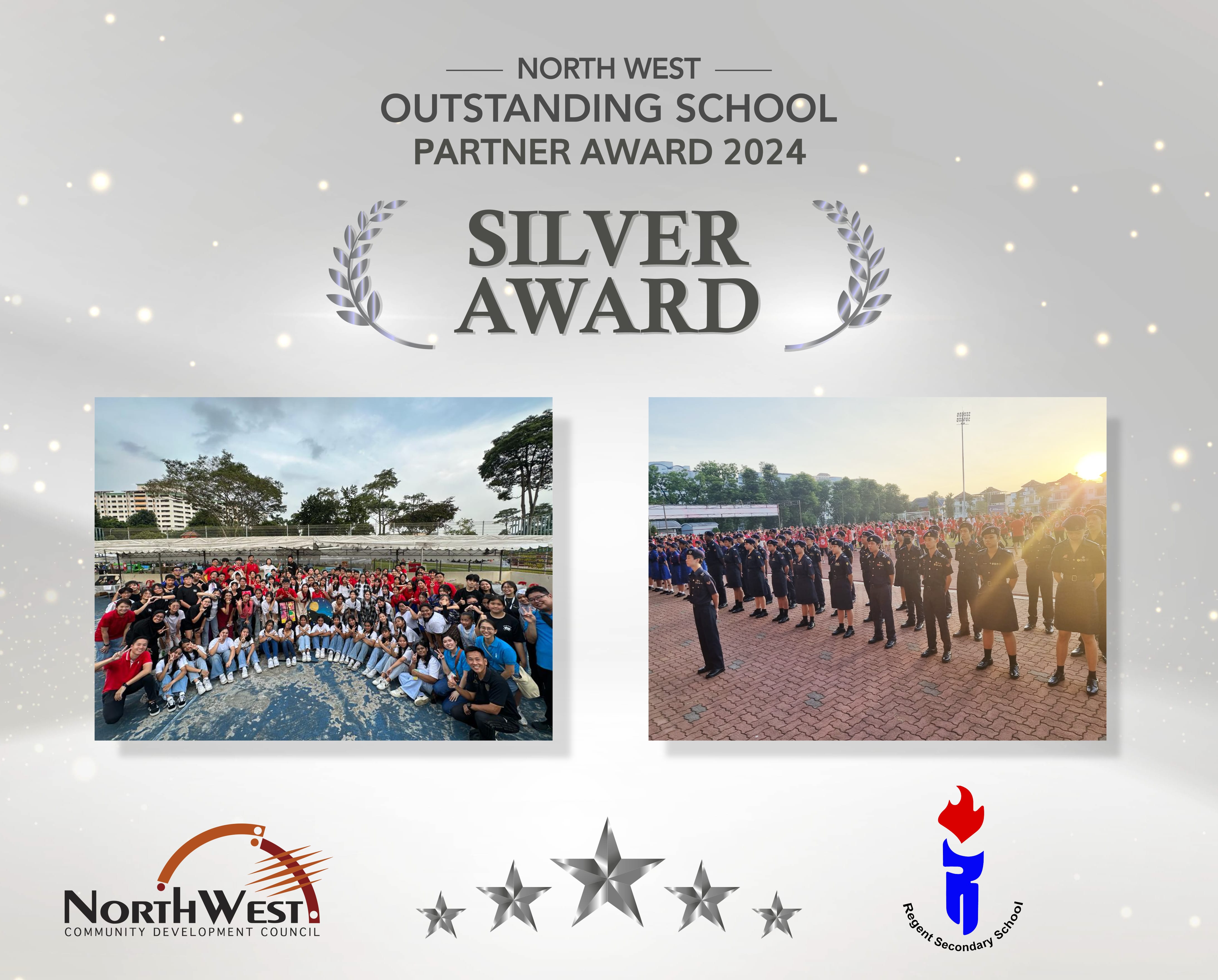Poster reads North West Outstanding School Partner Award 2024 Silver Award, with two student group photos.
