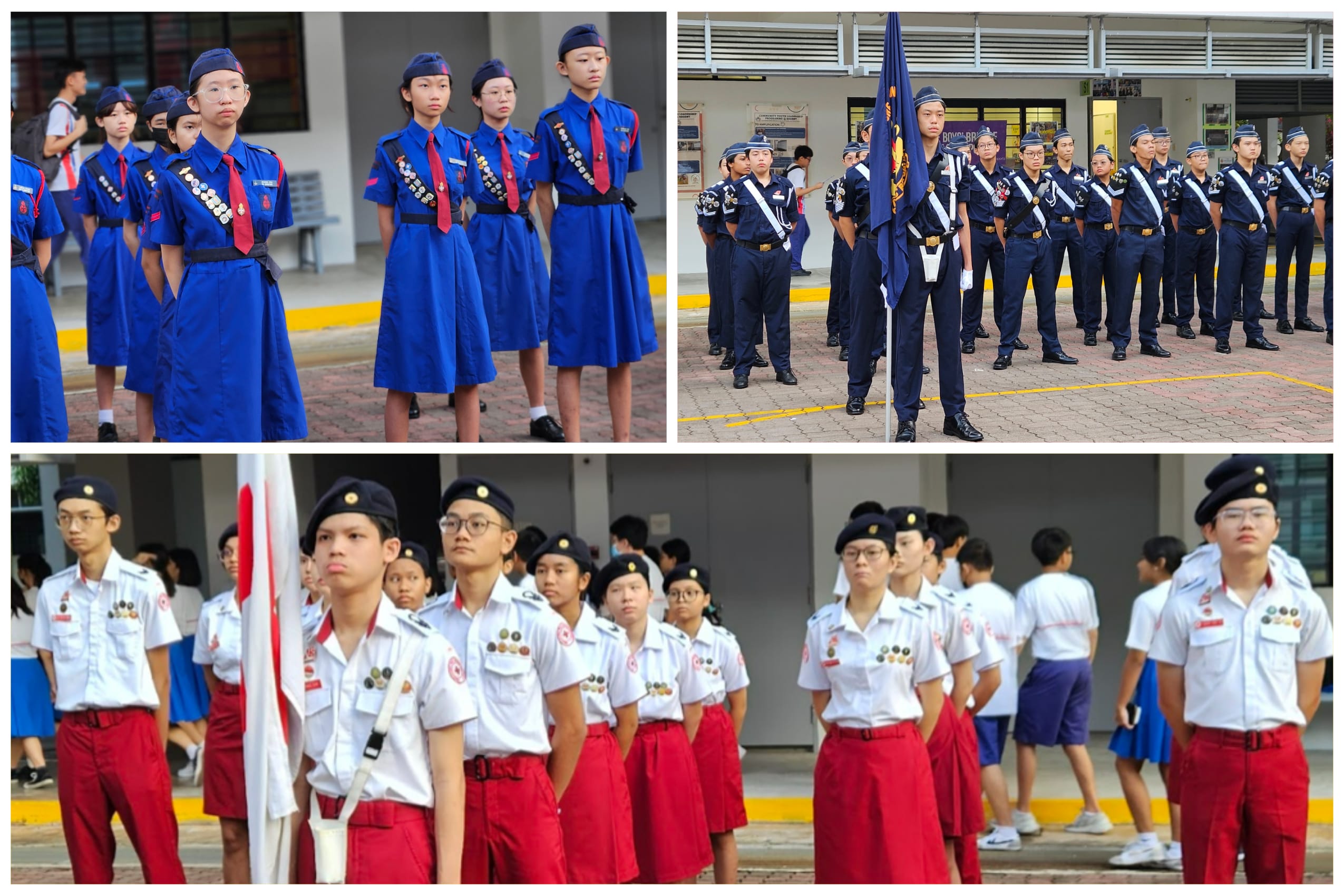 Three groups of uniformed youth cadets standing at attention outdoors, wearing blue, navy, and white with red uniforms.