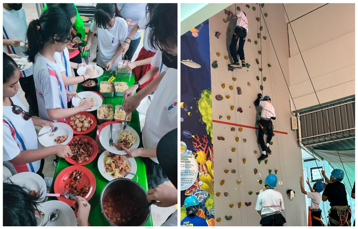 Two scenes: students serving food at a buffet table, and climbers scaling an indoor rock climbing wall.