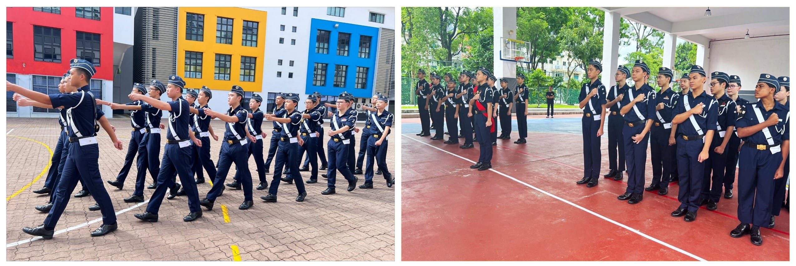 Youth cadets in navy uniforms marching in formation outdoors, and standing at attention on a red court.