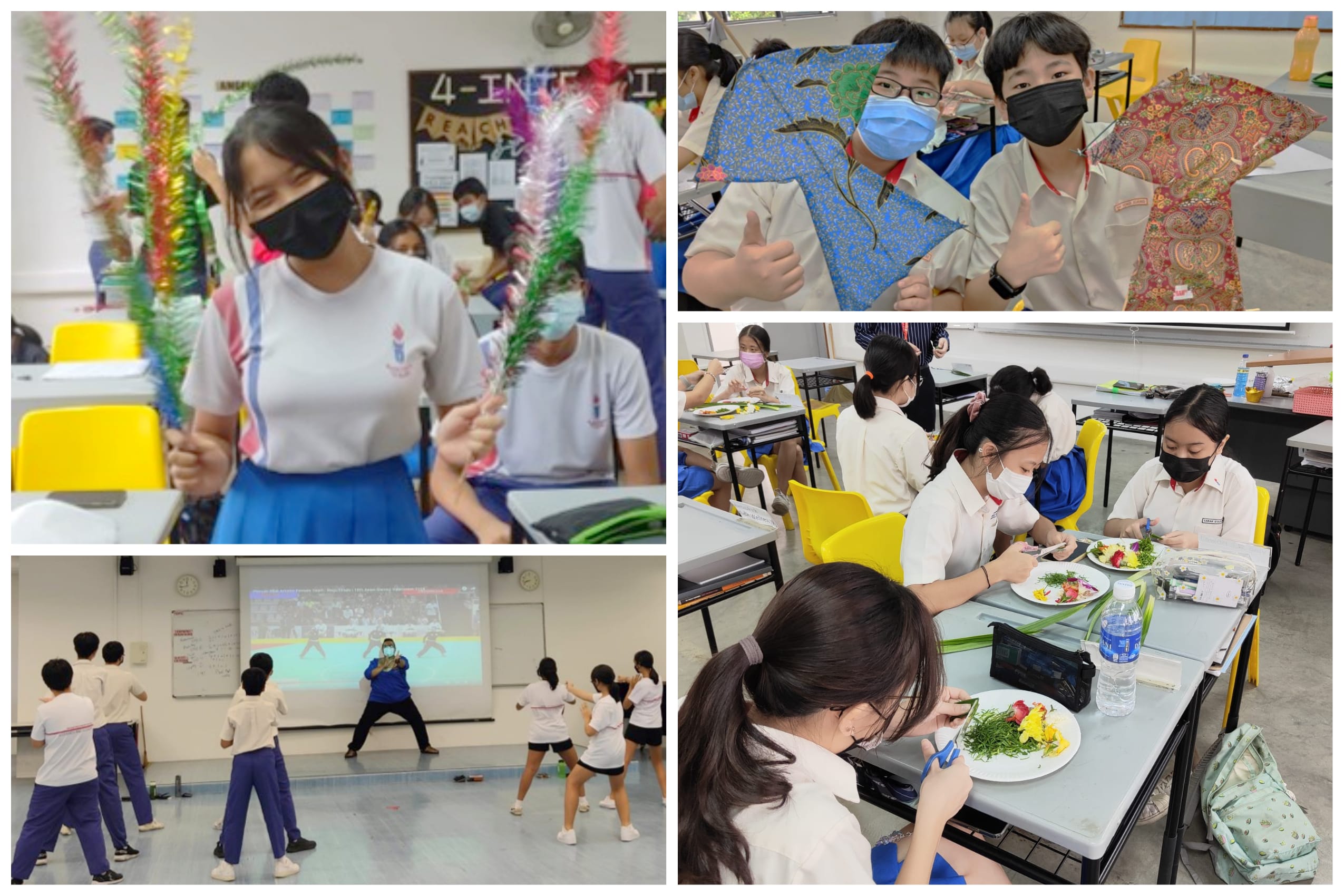 Four school activity scenes: students with decorations, holding kites, arranging food on plates, and dancing in a hall.