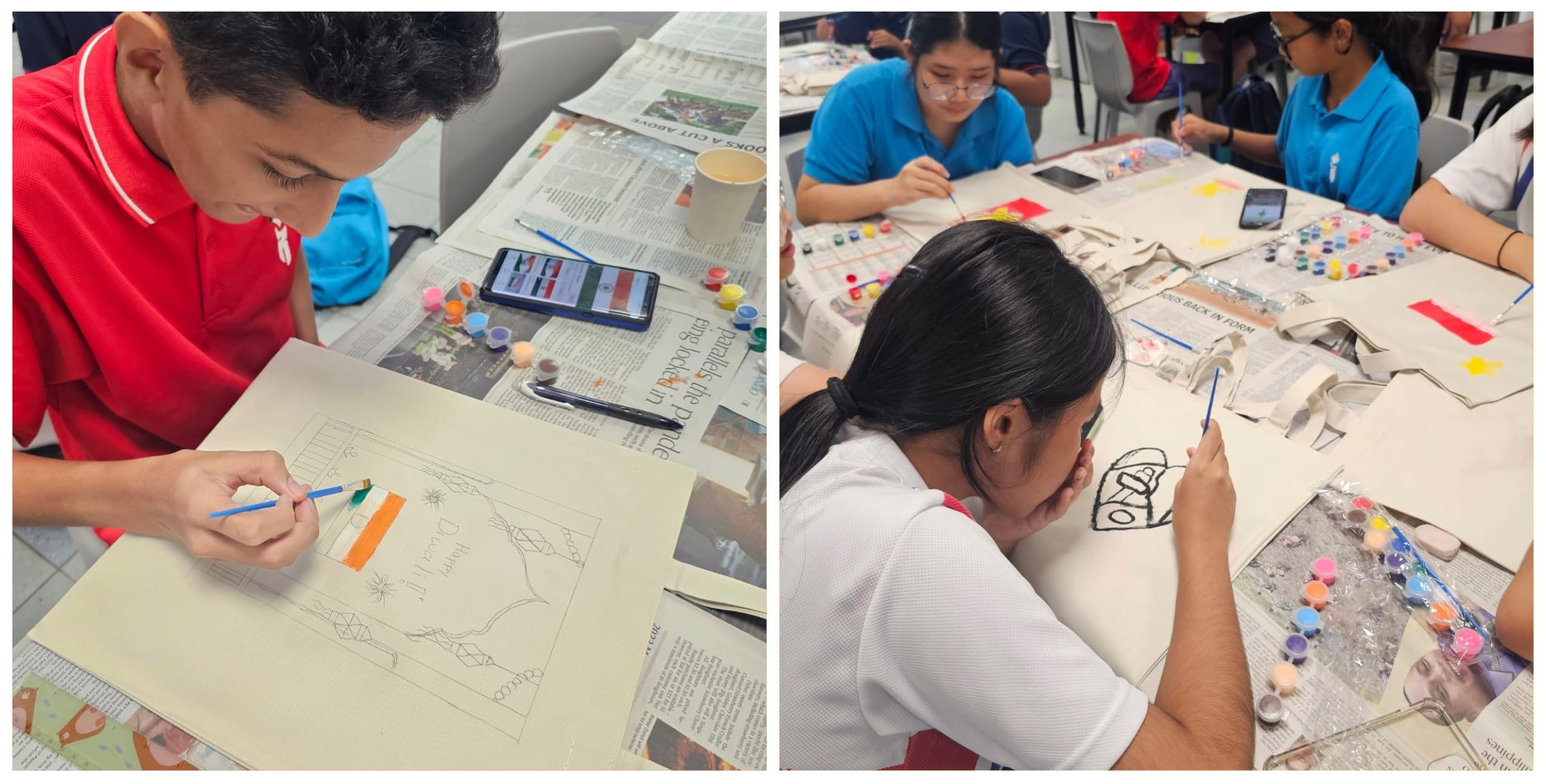 Students painting on canvas at tables covered with newspaper, using small paint pots and brushes in a classroom.