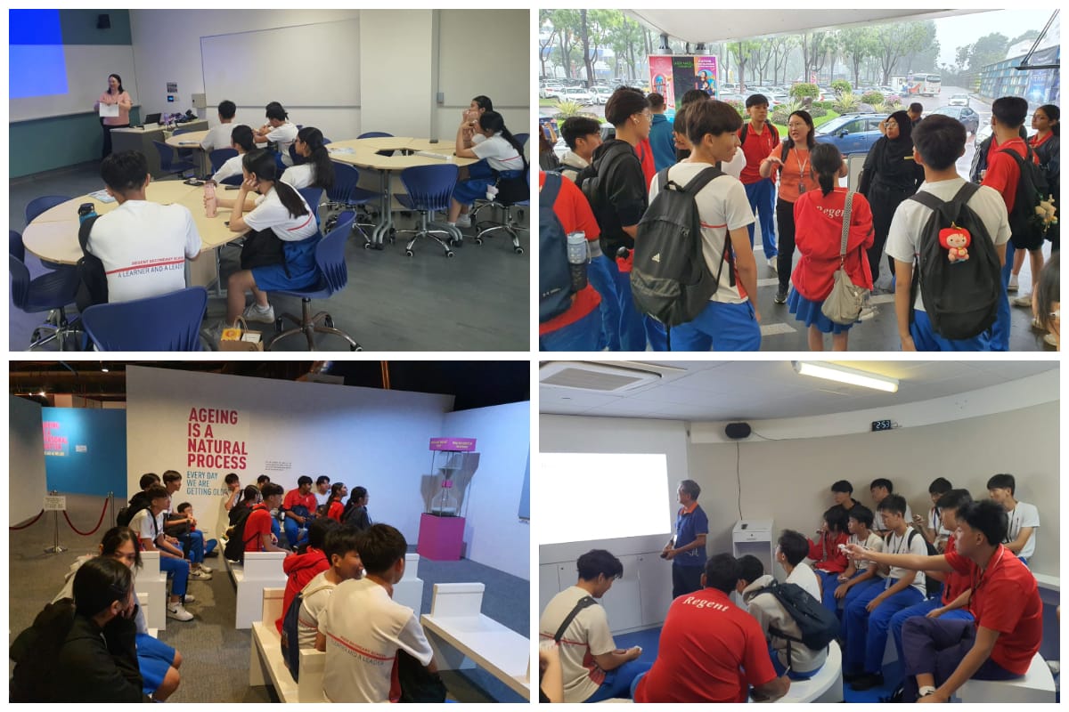 Four scenes of students in red and blue uniforms attending a school field trip, including a classroom, outdoor gathering, and exhibit area.