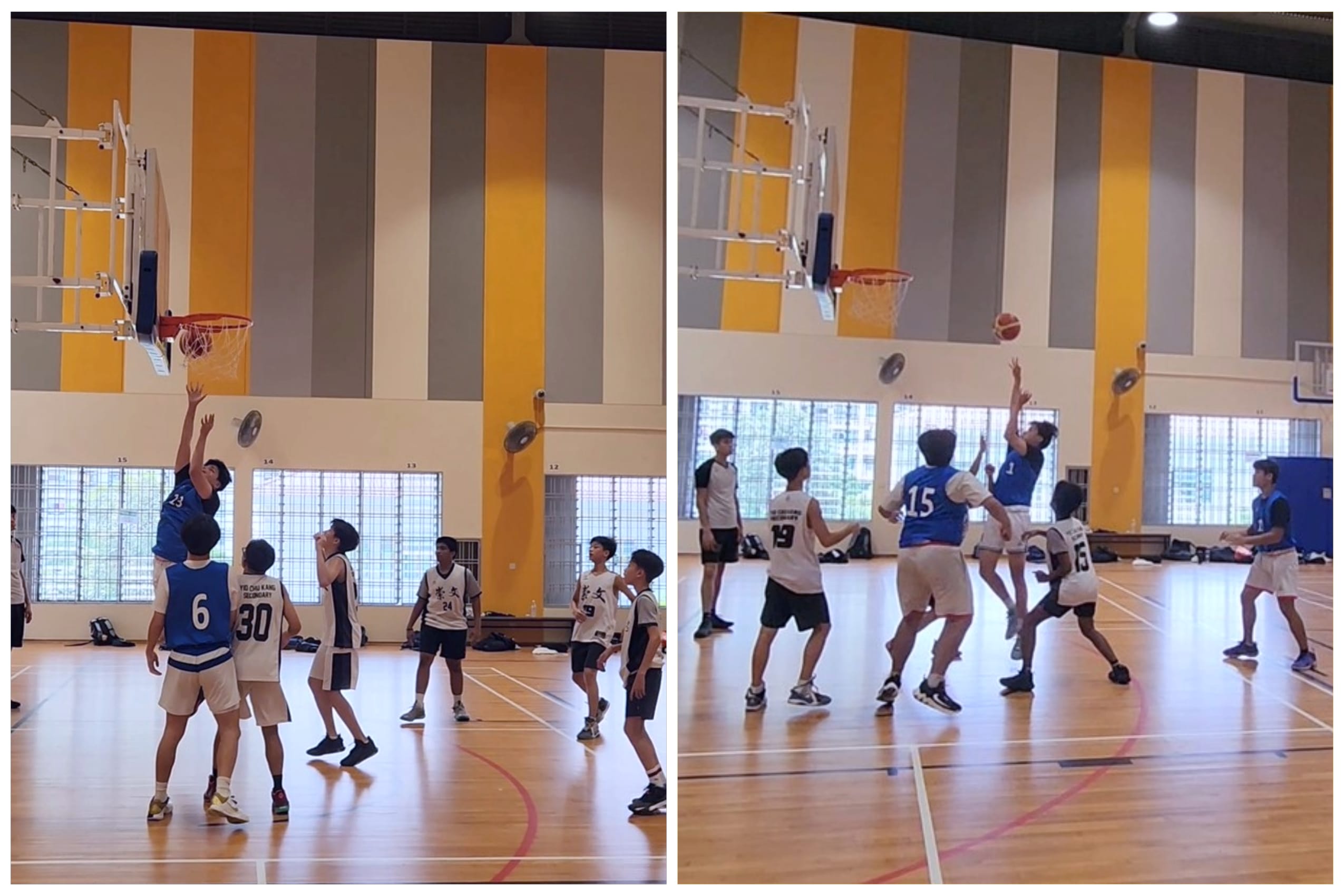 Two side-by-side photos of young boys in blue and white jerseys playing basketball indoors on a wooden court.
