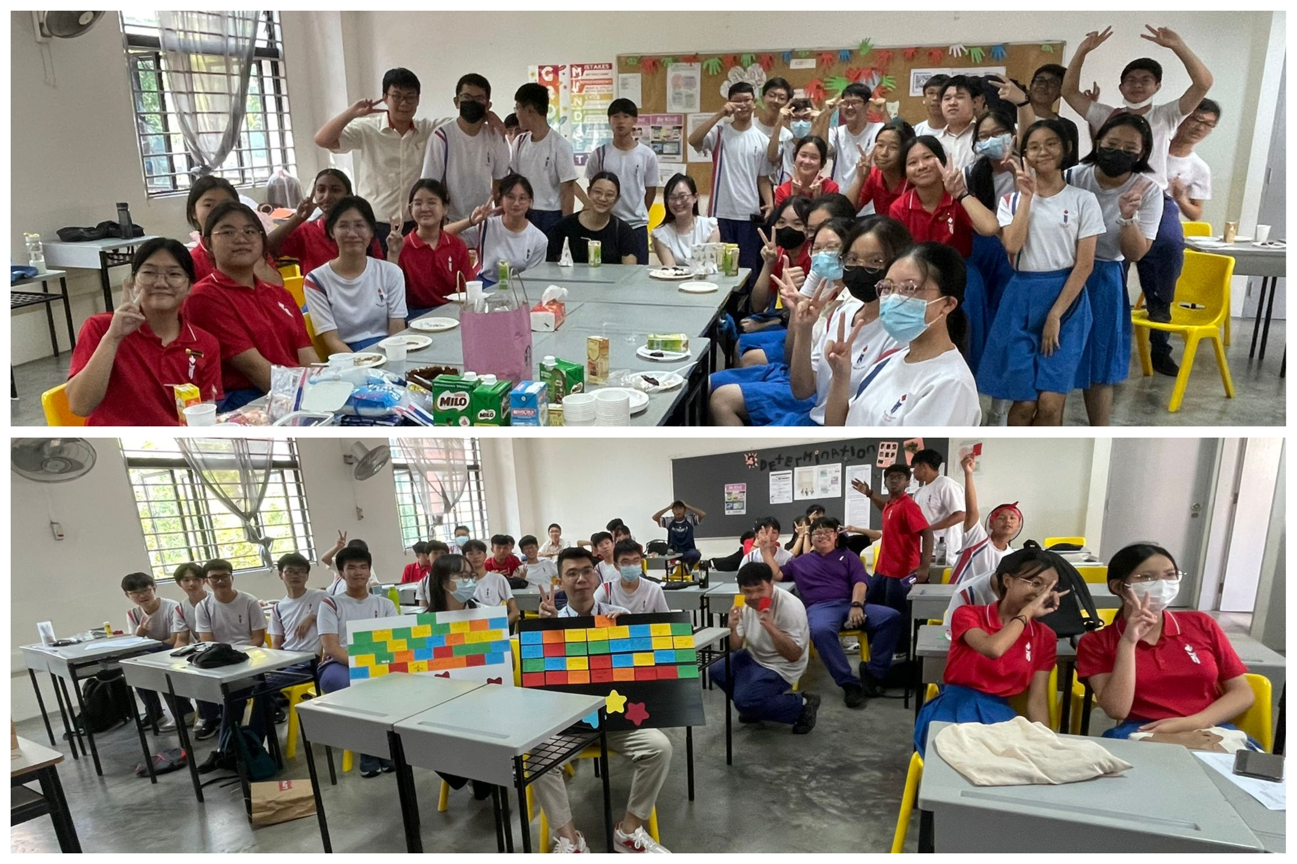 Two group photos of students in a classroom, gathered around tables, smiling and making peace signs.
