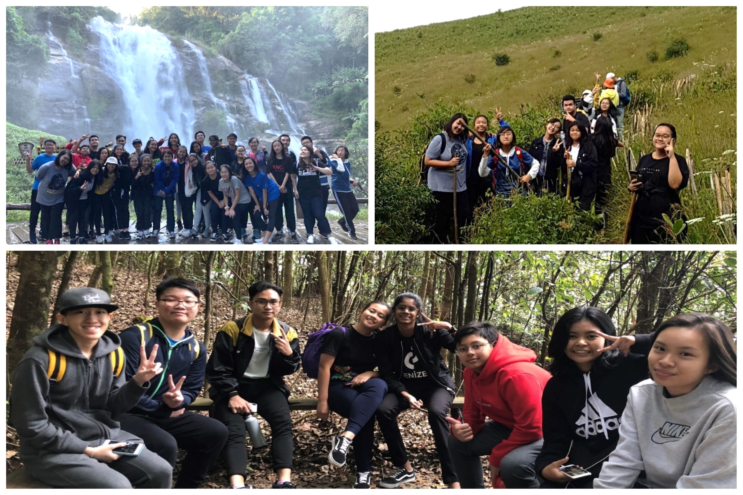 Three photos of teens outdoors: posing at a waterfall, on a green hillside, and resting in a forest.