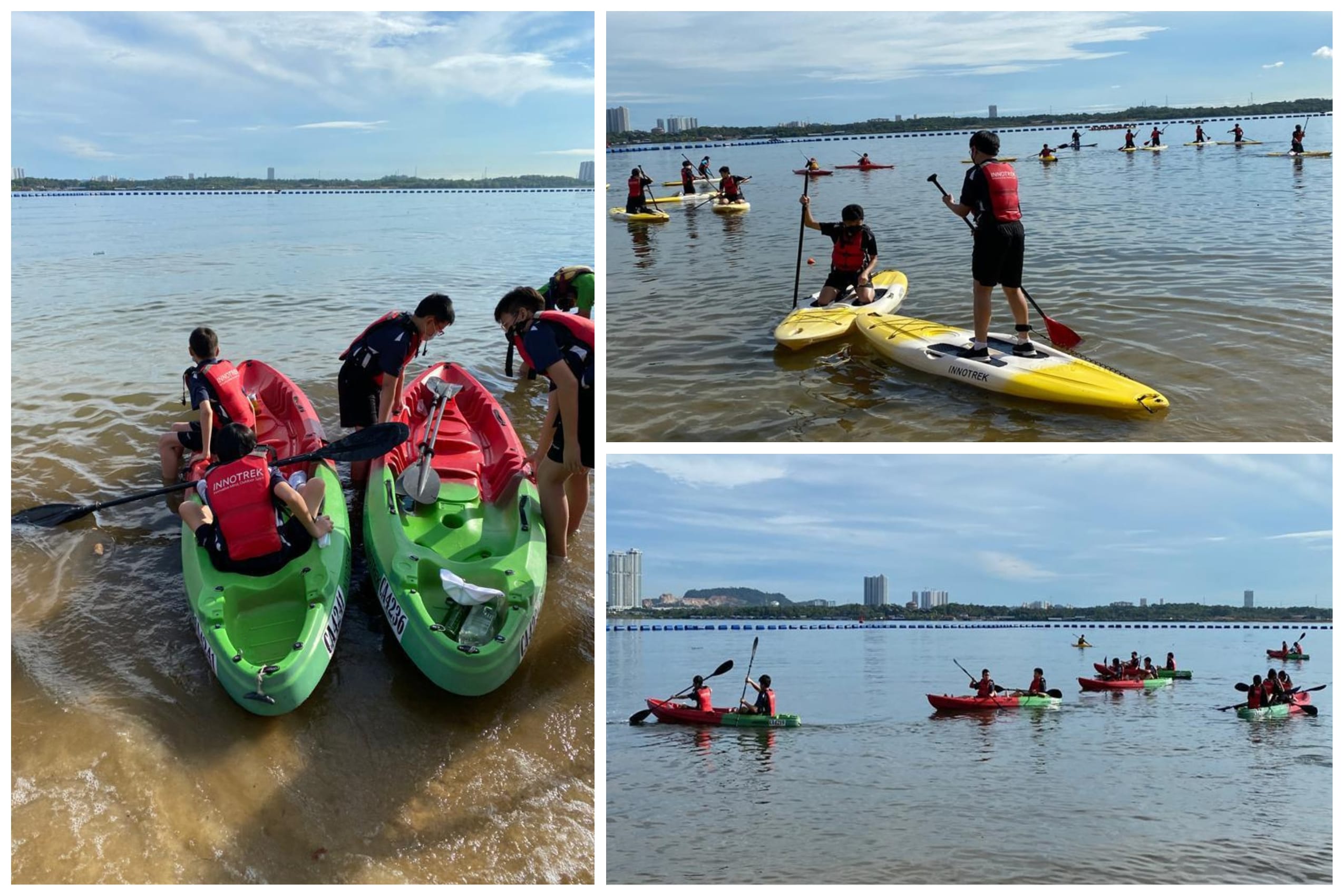 Three photos show groups of people kayaking and paddleboarding on calm brown water near a shoreline.
