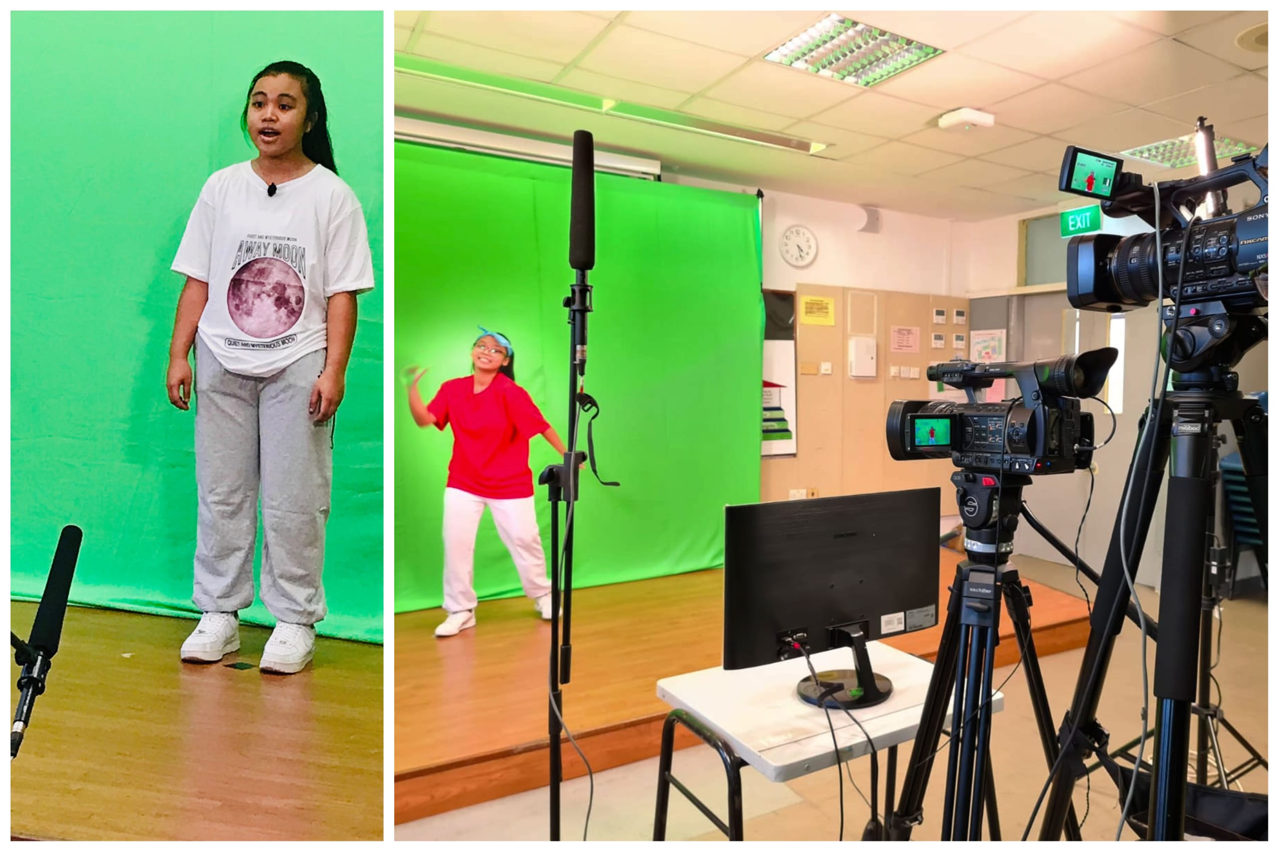 Two girls perform in front of green screens while cameras and boom microphones record them in a classroom studio.