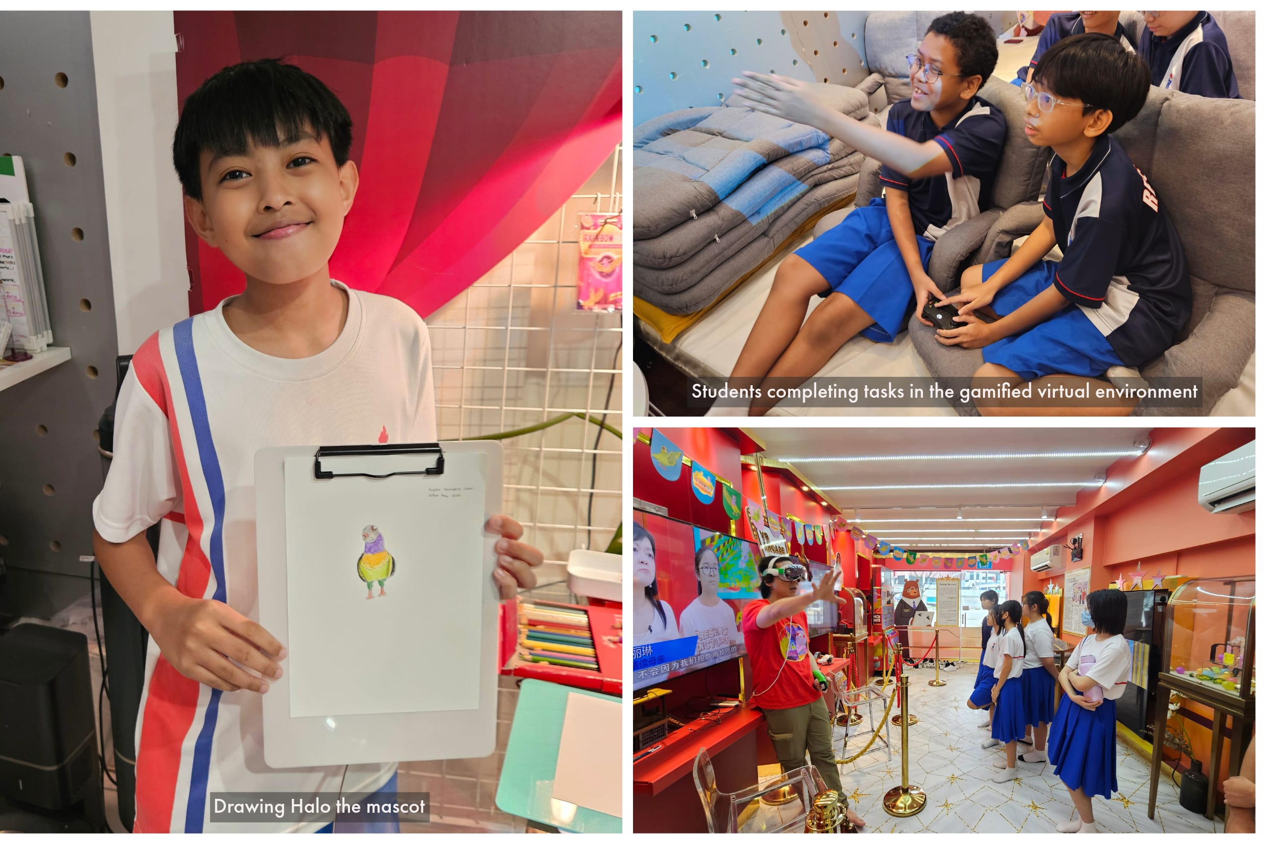 Collage: boy holds mascot drawing; two boys play a game on a couch; teacher demos VR to students.