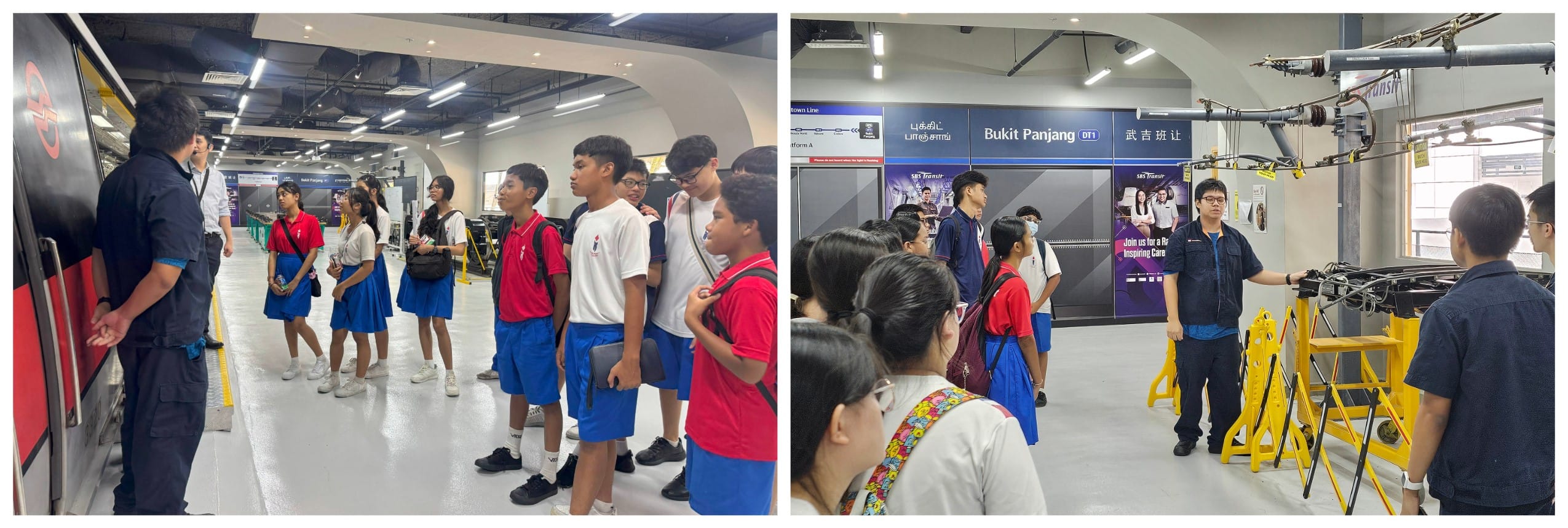 Students in red and blue uniforms on a guided tour at Bukit Panjang MRT station facility.