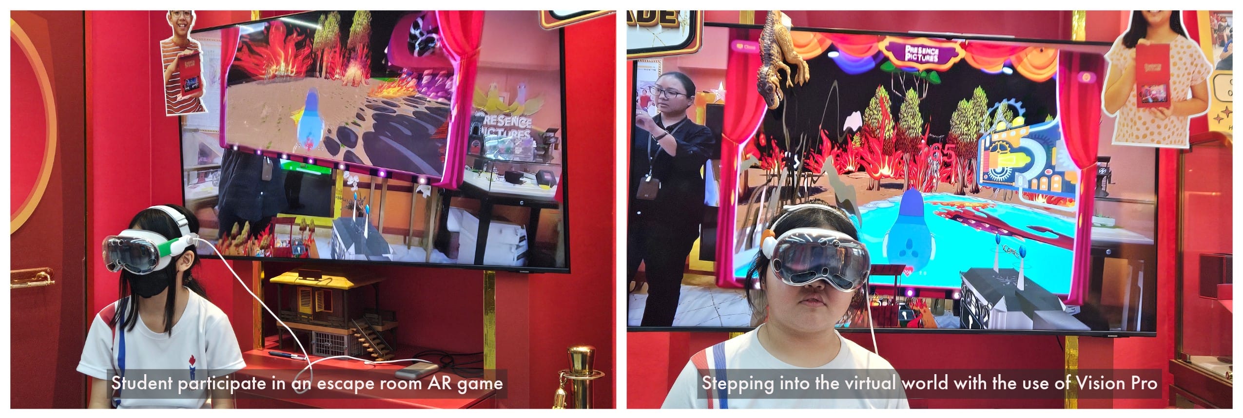 Two students wear Apple Vision Pro headsets playing an AR escape room game, with colorful game screens visible behind them.