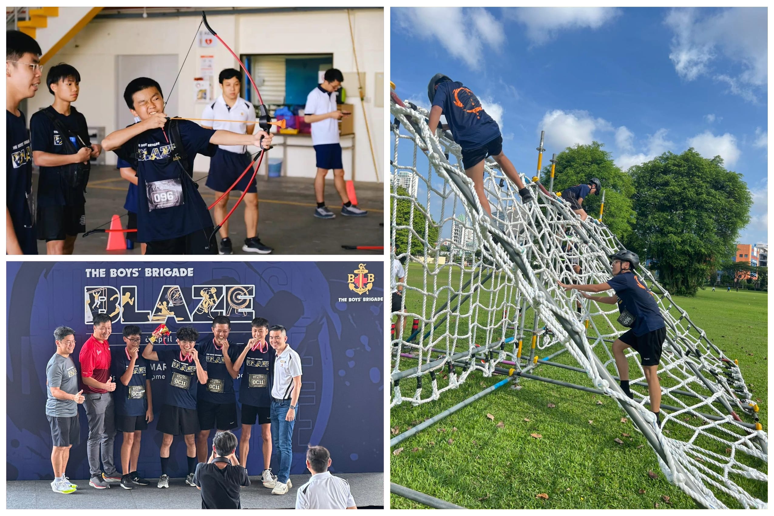Boys' Brigade members doing archery, climbing a rope structure outdoors, and posing with medals at a Blaze event.