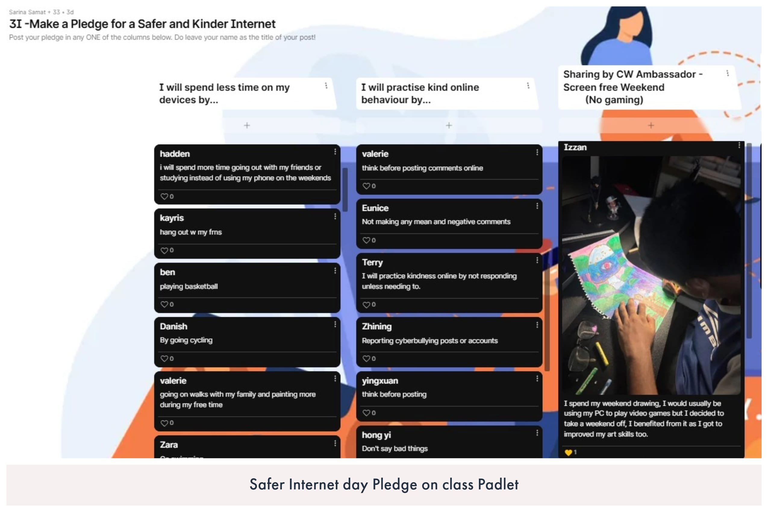 A class Padlet board showing student pledges for Safer Internet Day with columns for kind online behaviour.