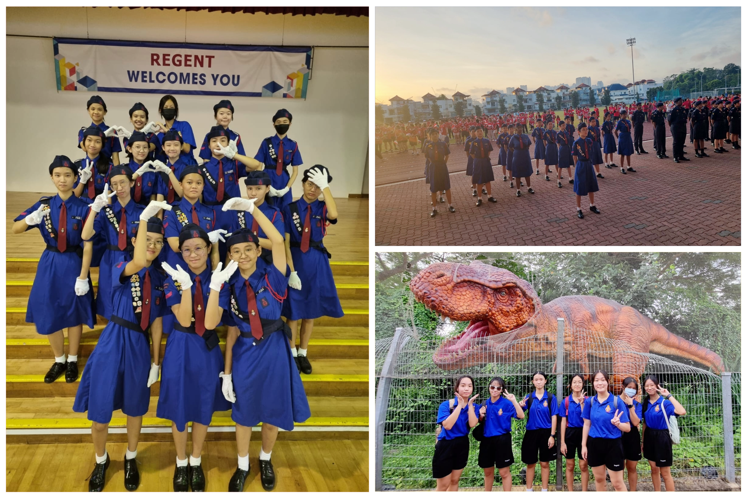 Collage of uniformed students posing under “REGENT WELCOMES YOU,” at parade, and beside a T-rex statue.