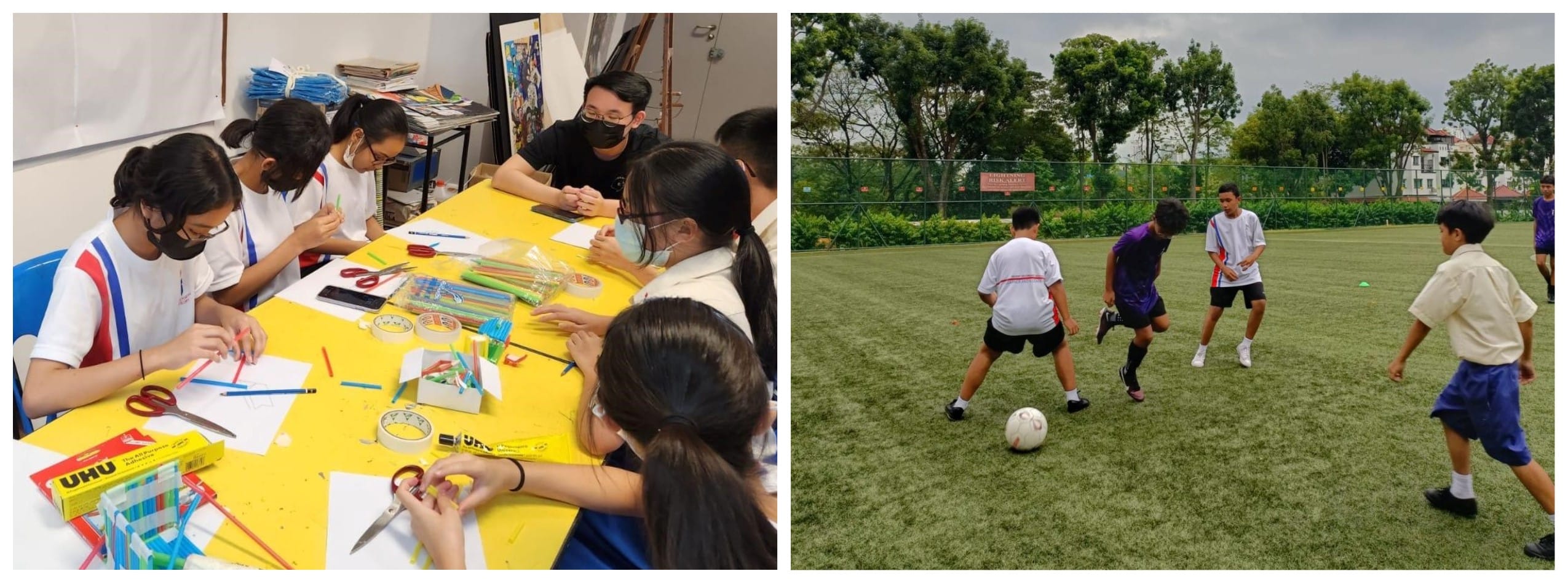 Students doing a craft activity at a yellow table indoors, and boys playing football on a green field outdoors.