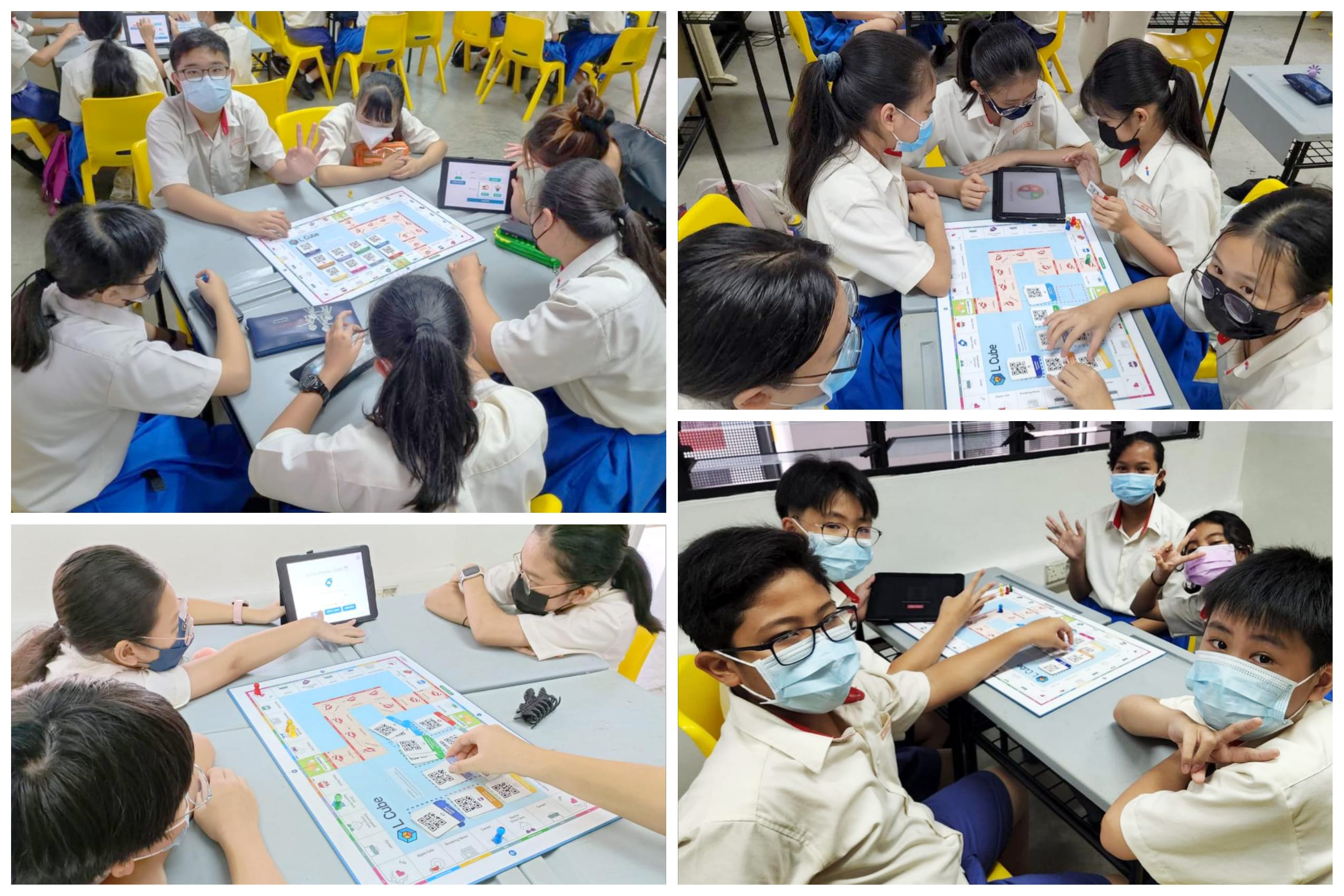 Students wearing masks play a board game using tablets in a classroom, shown in four photos.